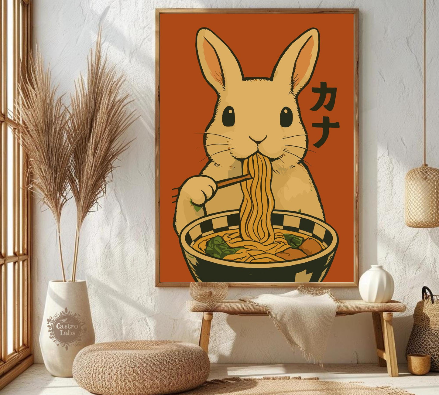 Rabbit Eating Ramen Poster – Cute Bunny Wall Art, Japanese Food Illustration, Kawaii Ramen Lover Print, Whimsical Animal Kitchen Decor