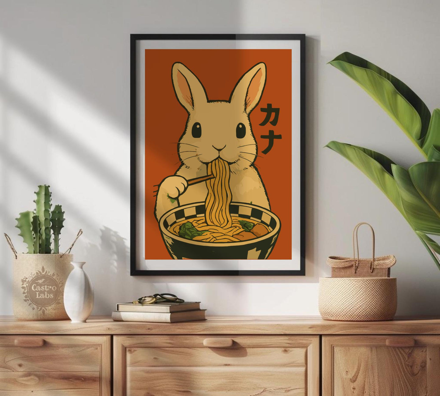Rabbit Eating Ramen Poster – Cute Bunny Wall Art, Japanese Food Illustration, Kawaii Ramen Lover Print, Whimsical Animal Kitchen Decor