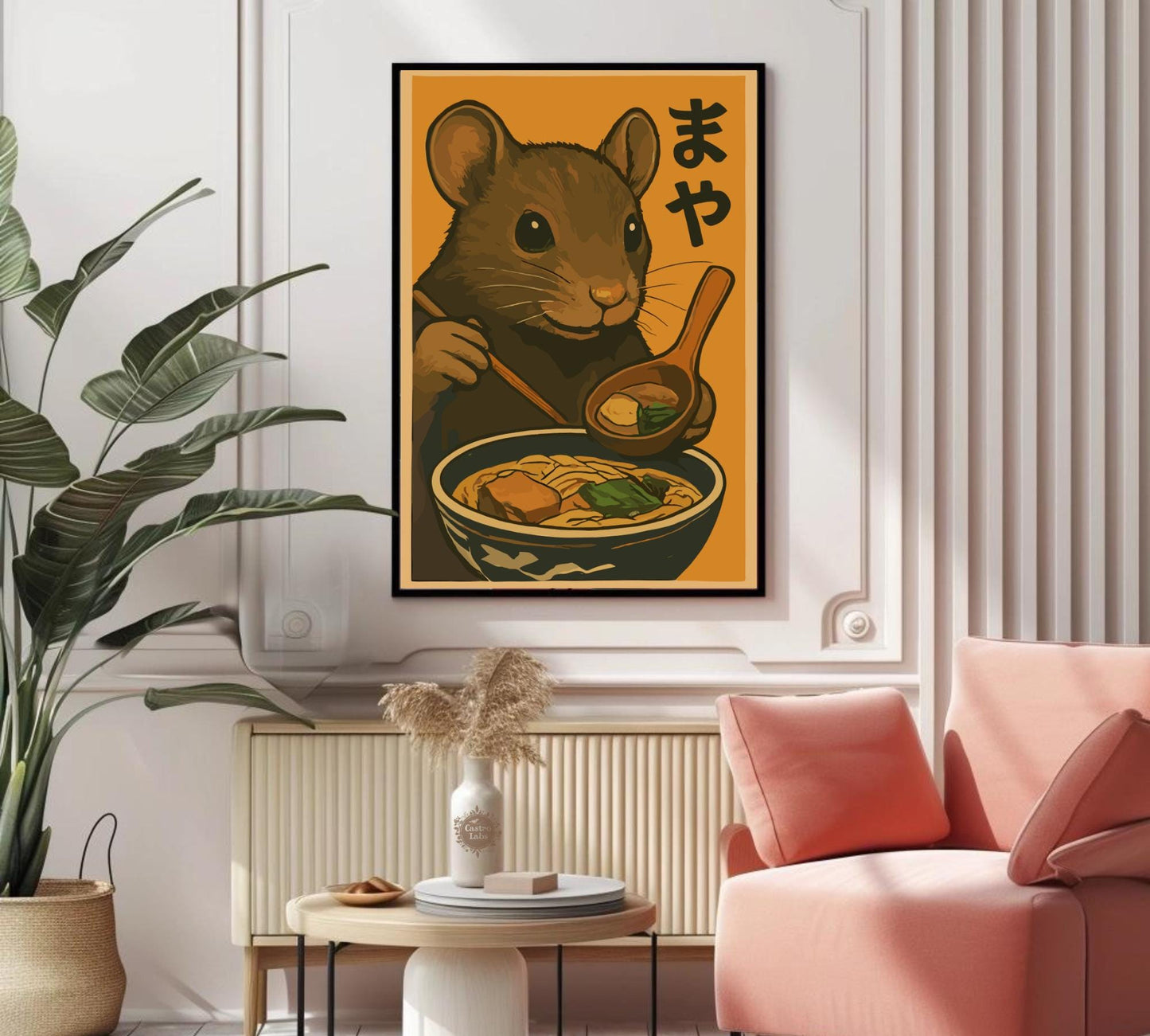 Mouse Eating Ramen Poster – Adorable Mouse Wall Art, Kawaii Japanese Food Print, Whimsical Ramen Lover Decor, Cute Animal Kitchen Art