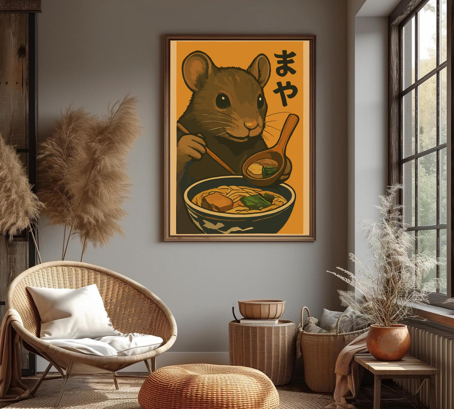 Mouse Eating Ramen Poster – Adorable Mouse Wall Art, Kawaii Japanese Food Print, Whimsical Ramen Lover Decor, Cute Animal Kitchen Art