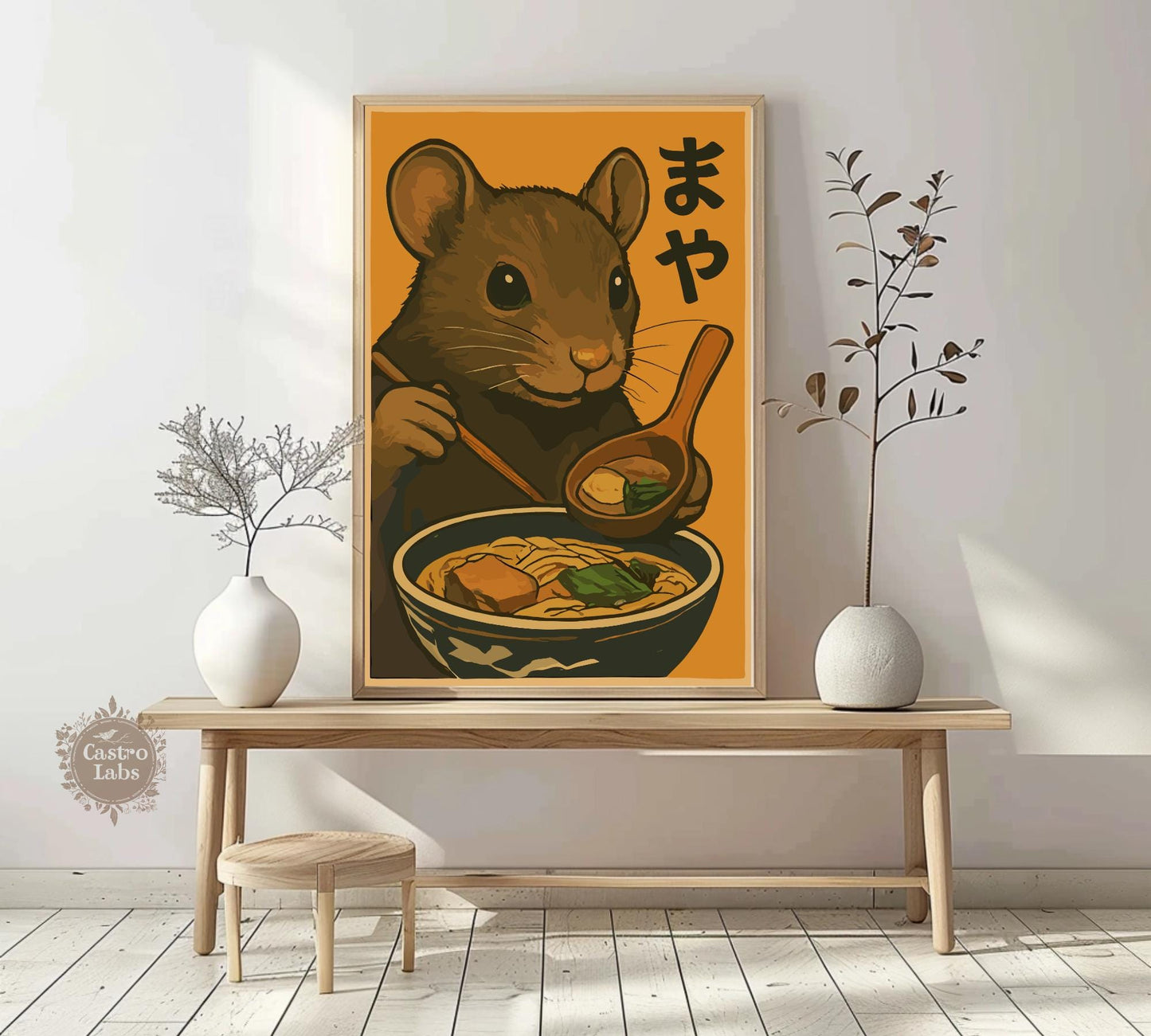Mouse Eating Ramen Poster – Adorable Mouse Wall Art, Kawaii Japanese Food Print, Whimsical Ramen Lover Decor, Cute Animal Kitchen Art