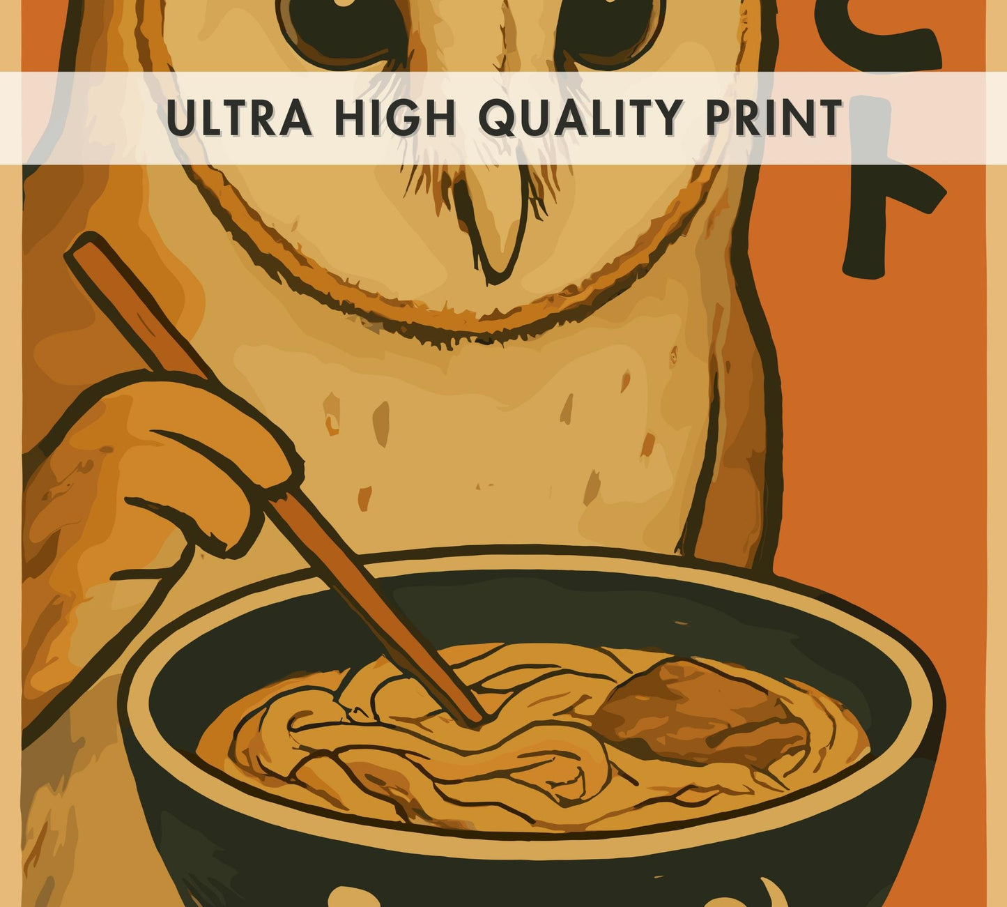 Owl Eating Ramen Poster – Whimsical Owl Wall Art, Japanese Food Illustration, Cozy Ramen Lover Print, Cute Animal Kitchen Decor