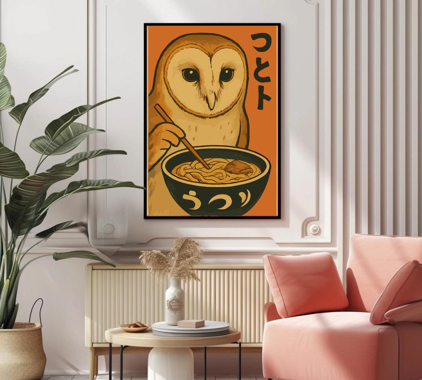 Owl Eating Ramen Poster – Whimsical Owl Wall Art, Japanese Food Illustration, Cozy Ramen Lover Print, Cute Animal Kitchen Decor