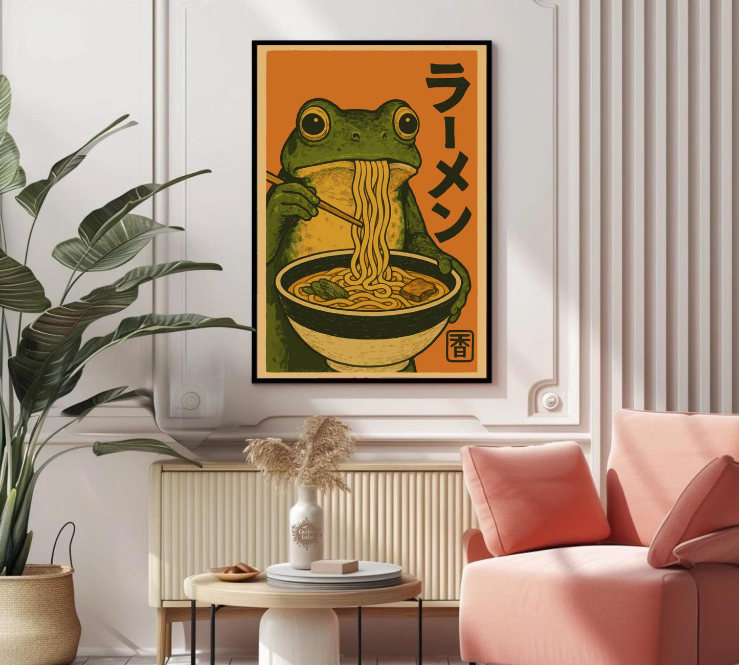 Frog Eating Ramen Poster – Japanese Ukiyo-e Inspired Frog Art, Ramen Bowl Illustration, Quirky Amphibian Wall Print, Zen Kitchen Decor