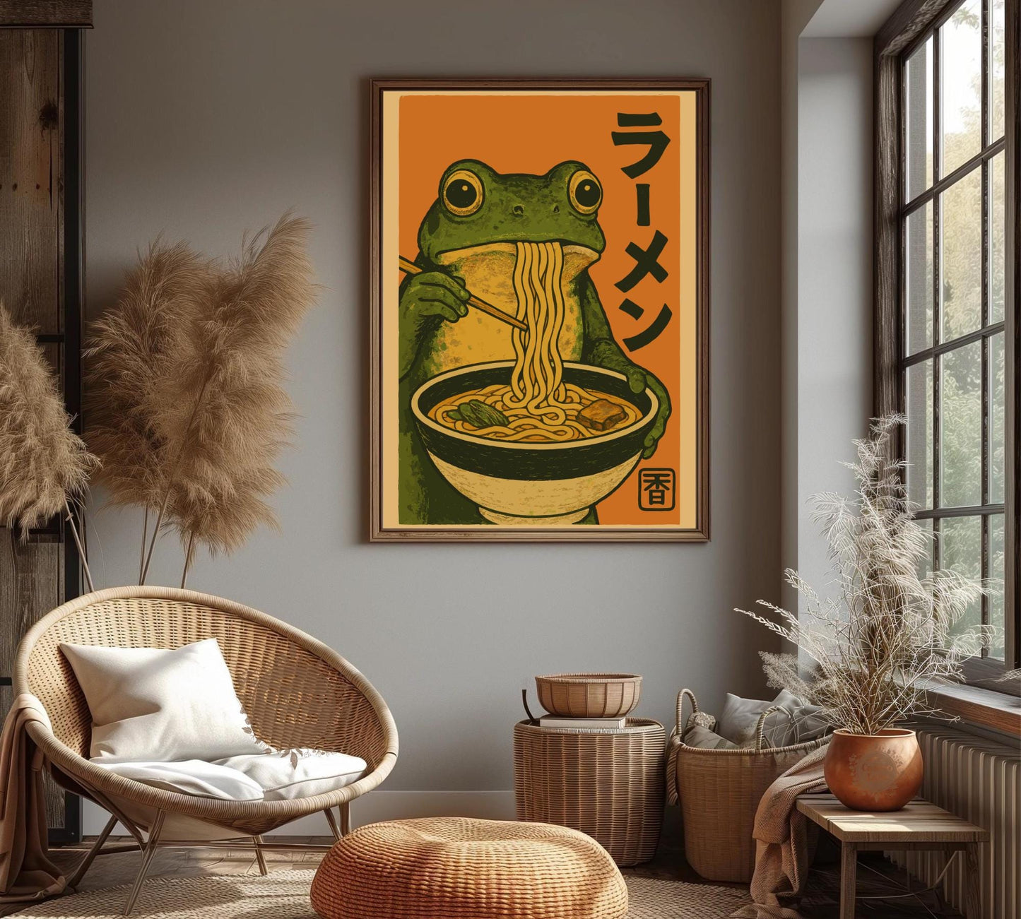 Frog Eating Ramen Poster – Japanese Ukiyo-e Inspired Frog Art, Ramen Bowl Illustration, Quirky Amphibian Wall Print, Zen Kitchen Decor