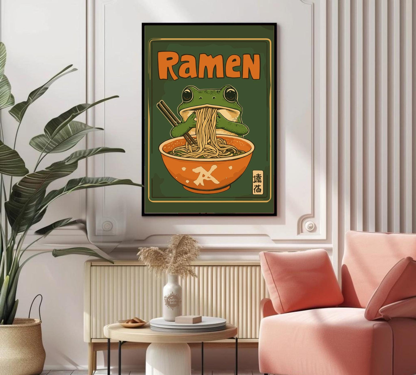 Kawaii Frog Ramen Poster – Cute Frog Eating Ramen Wall Art, Whimsical Animal Illustration, Japanese Food Lover Decor, Playful Kitchen Print