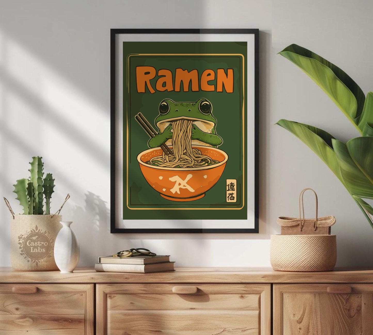 Kawaii Frog Ramen Poster – Cute Frog Eating Ramen Wall Art, Whimsical Animal Illustration, Japanese Food Lover Decor, Playful Kitchen Print