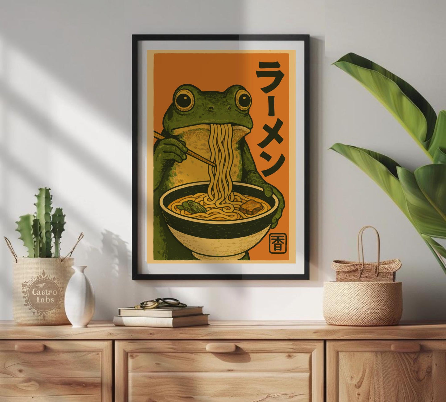 Frog Eating Ramen Poster – Japanese Ukiyo-e Inspired Frog Art, Ramen Bowl Illustration, Quirky Amphibian Wall Print, Zen Kitchen Decor