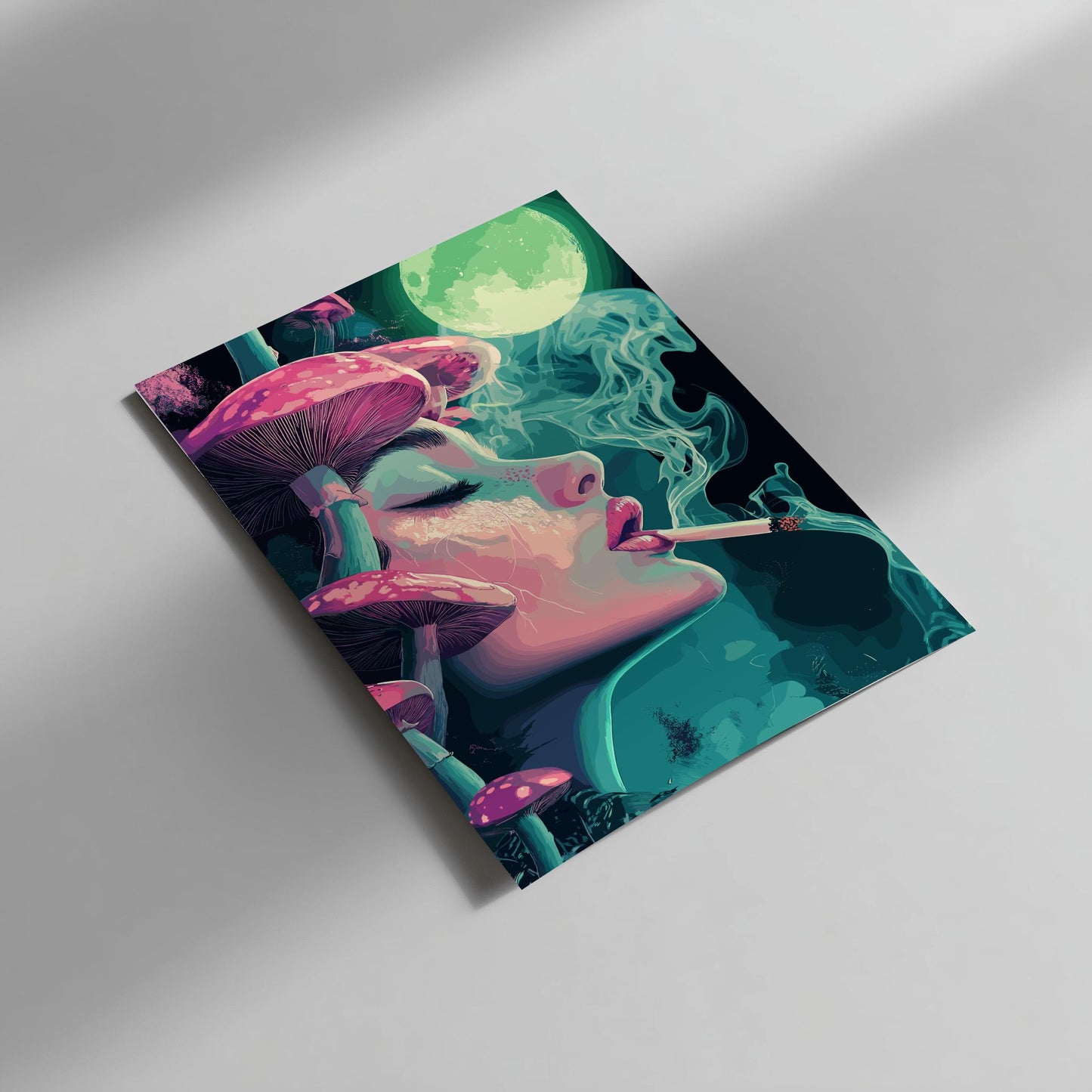 Lunar Drift Psychedelic Poster – Trippy Woman with Mushrooms and Smoke, Surreal Cosmic Wall Art, Dreamscape Print, Neon Boho Decor