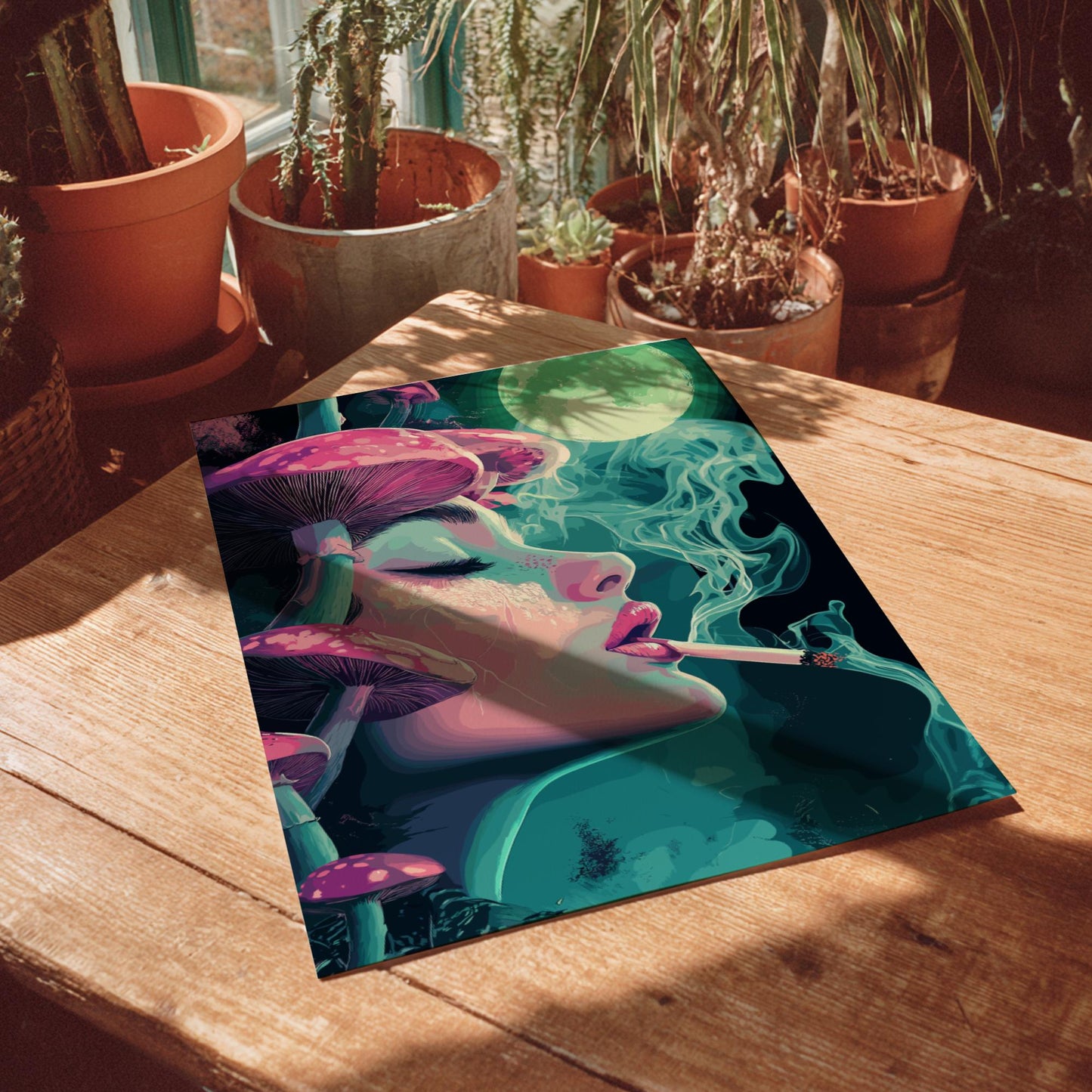 Lunar Drift Psychedelic Poster – Trippy Woman with Mushrooms and Smoke, Surreal Cosmic Wall Art, Dreamscape Print, Neon Boho Decor