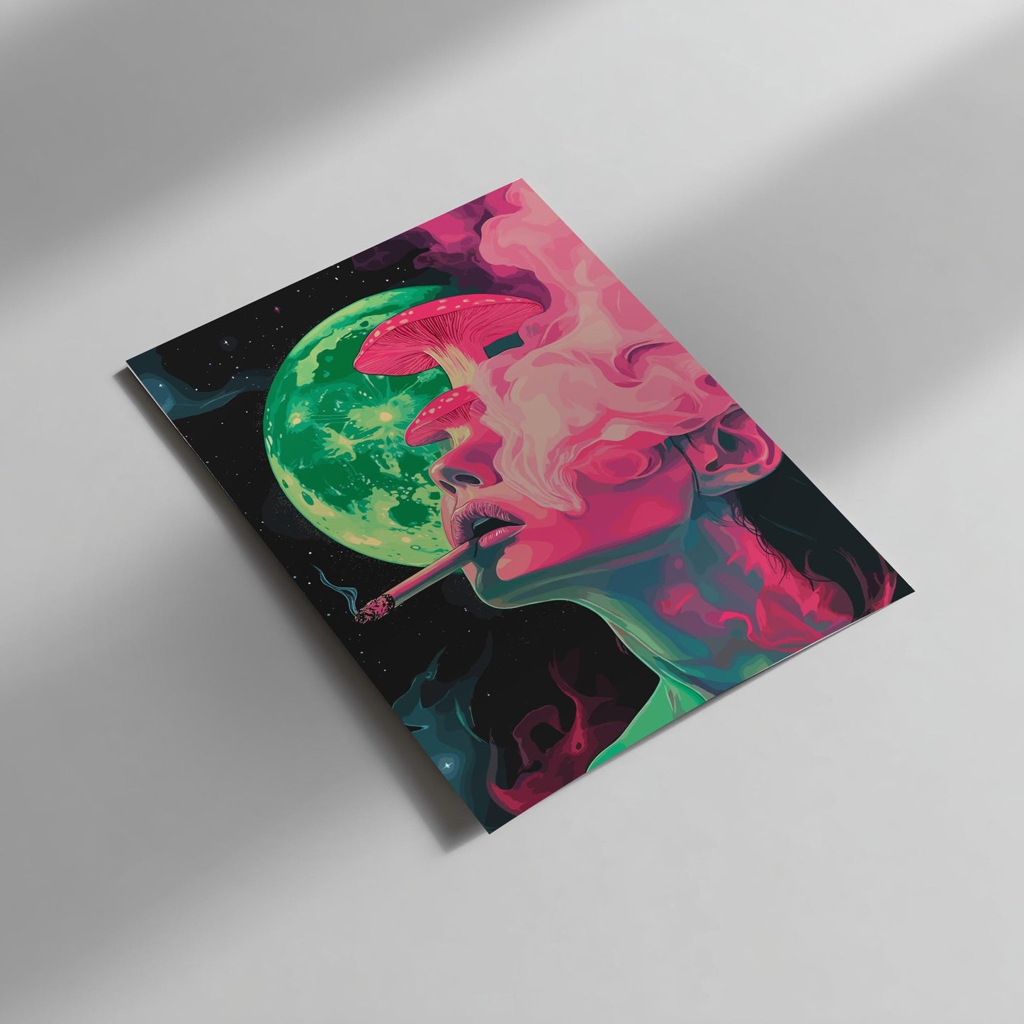 Lunar Drift Feminine Wall Art – Woman with Mushrooms and Smoke, Mystical Dreamscape Poster, Ethereal Psychedelic Decor, Cosmic Print