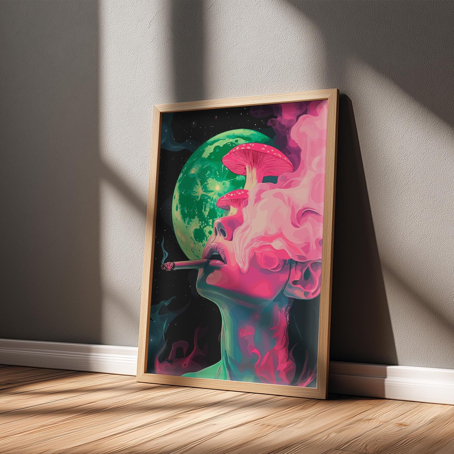 Lunar Drift Feminine Wall Art – Woman with Mushrooms and Smoke, Mystical Dreamscape Poster, Ethereal Psychedelic Decor, Cosmic Print