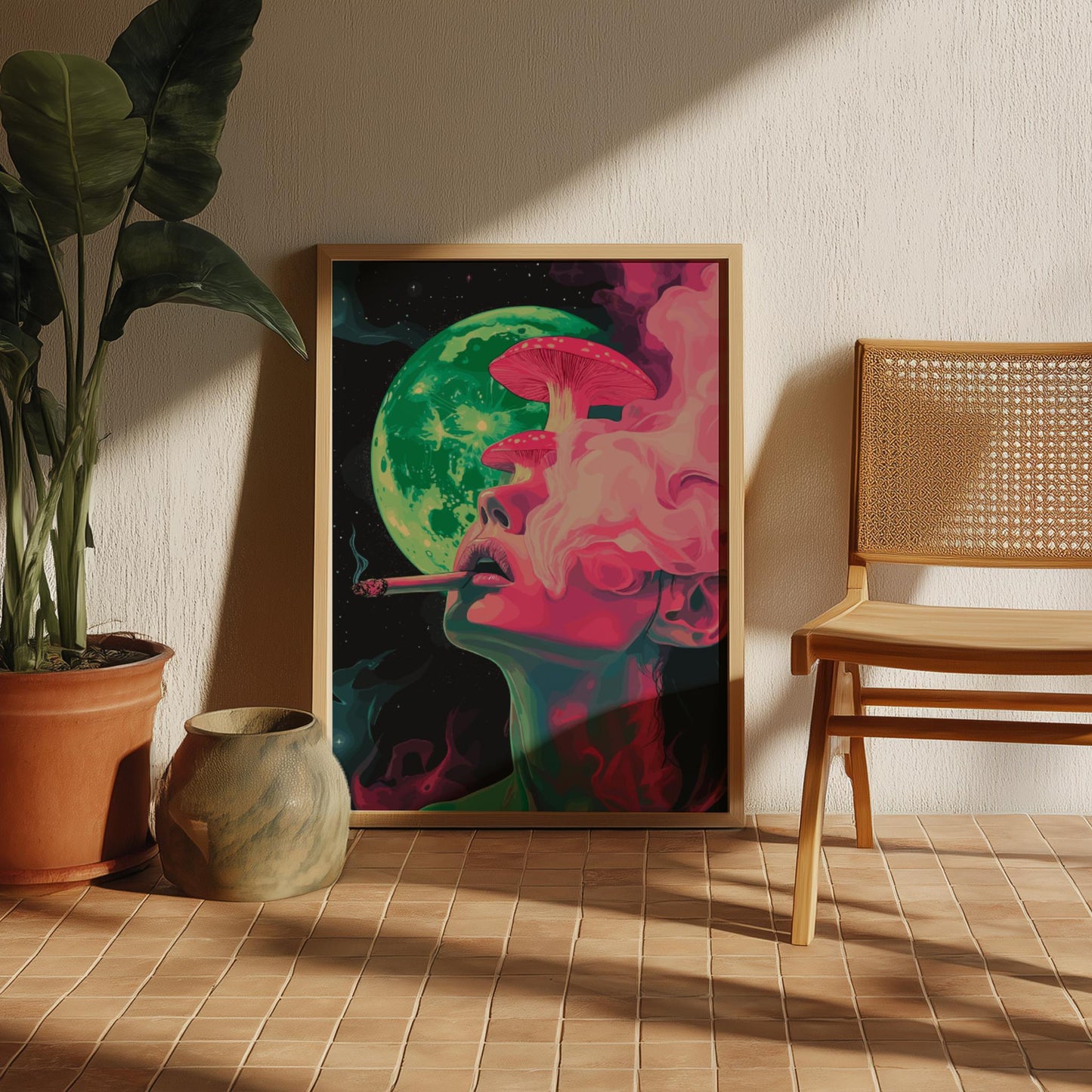 Lunar Drift Feminine Wall Art – Woman with Mushrooms and Smoke, Mystical Dreamscape Poster, Ethereal Psychedelic Decor, Cosmic Print