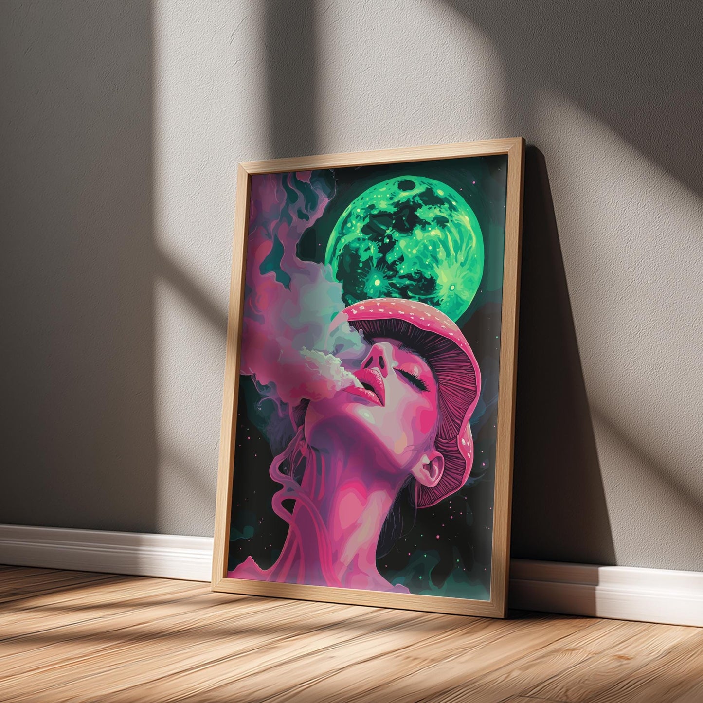 Trippy Mushroom Girl Poster – Lunar Drift Psychedelic Smoke Art Print, Neon Dreamscape Wall Decor, Edgy Modern Surrealism Poster