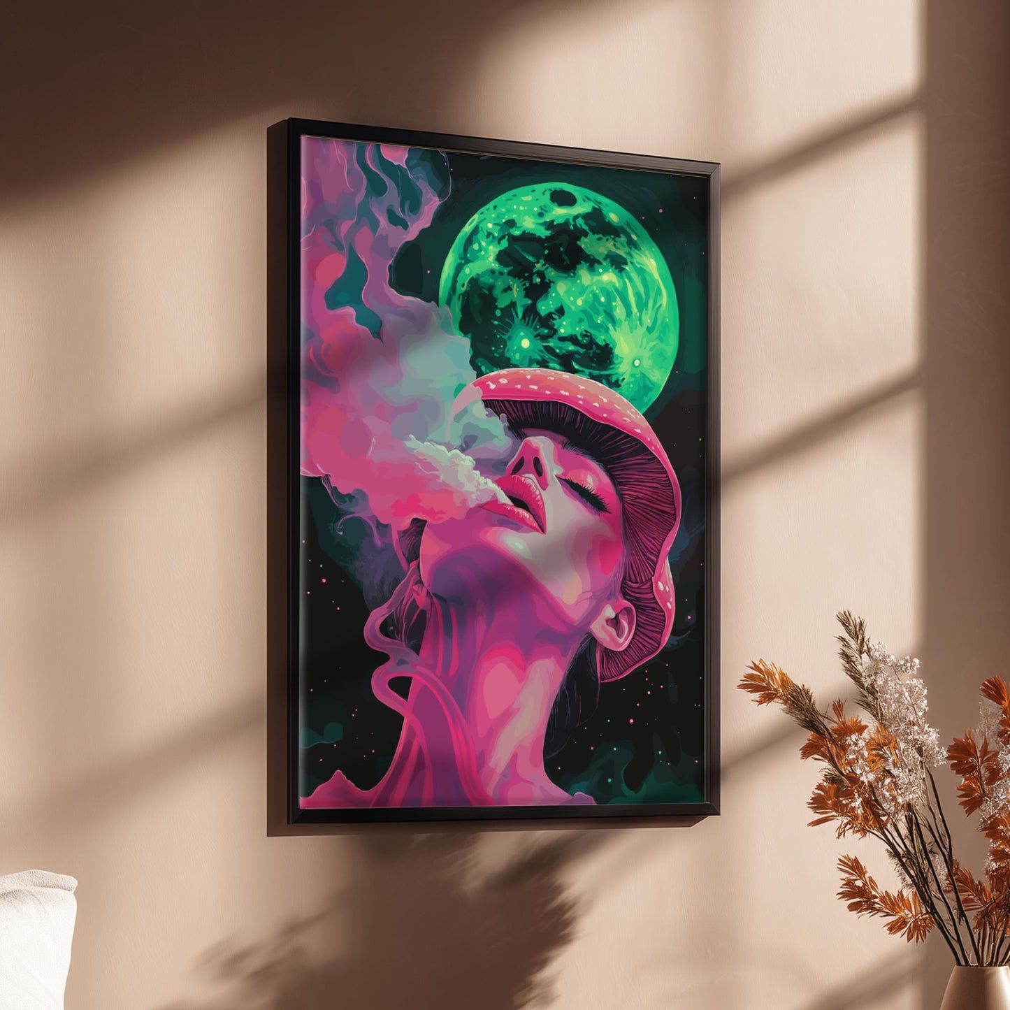 Trippy Mushroom Girl Poster – Lunar Drift Psychedelic Smoke Art Print, Neon Dreamscape Wall Decor, Edgy Modern Surrealism Poster