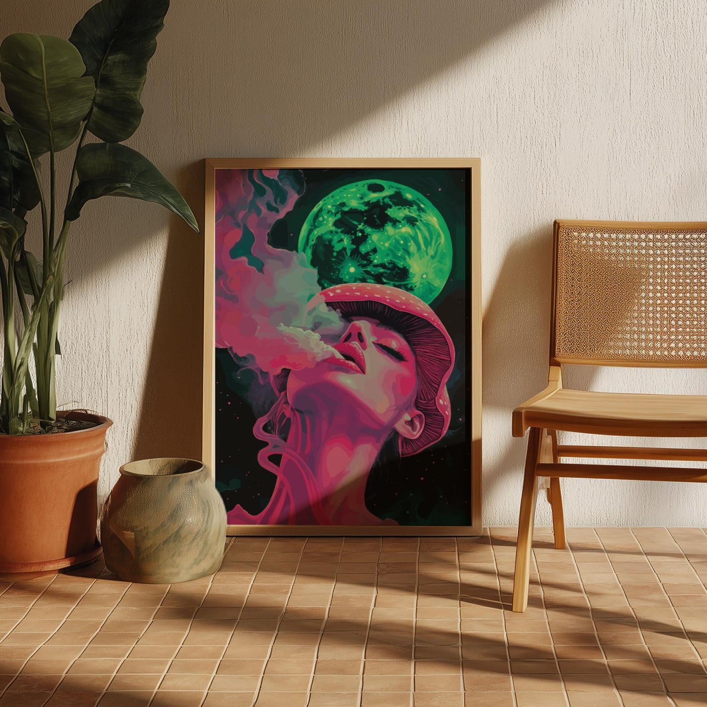 Trippy Mushroom Girl Poster – Lunar Drift Psychedelic Smoke Art Print, Neon Dreamscape Wall Decor, Edgy Modern Surrealism Poster