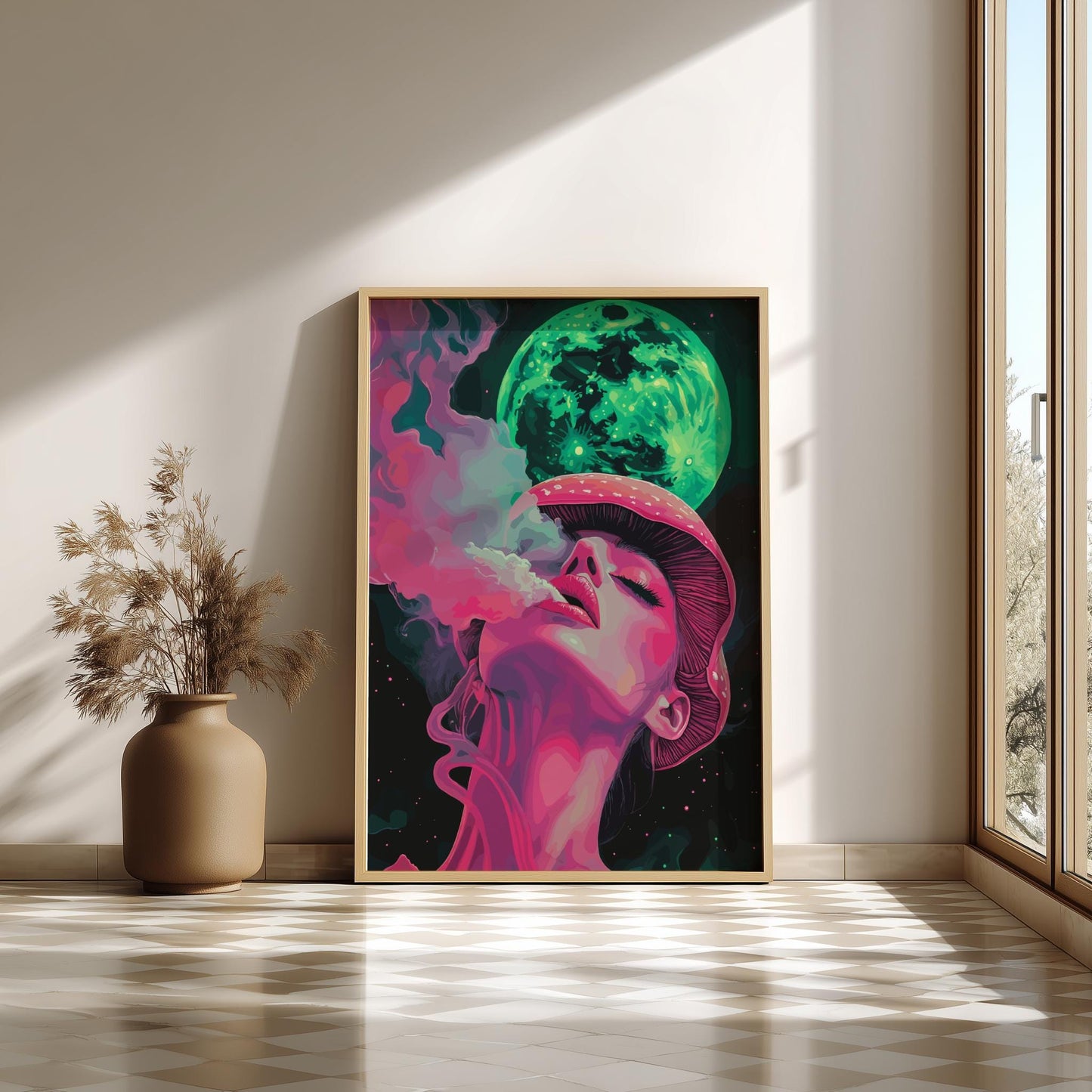 Trippy Mushroom Girl Poster – Lunar Drift Psychedelic Smoke Art Print, Neon Dreamscape Wall Decor, Edgy Modern Surrealism Poster