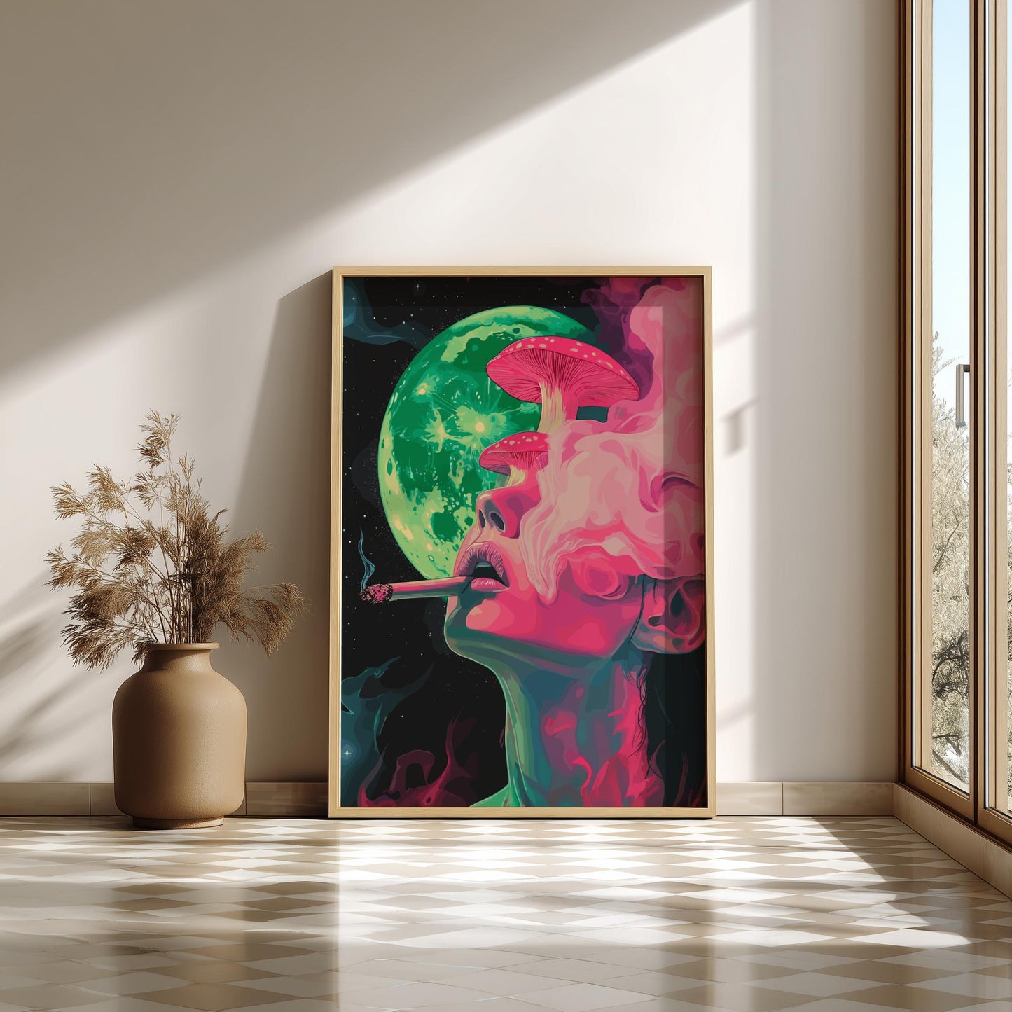 Lunar Drift Feminine Wall Art – Woman with Mushrooms and Smoke, Mystical Dreamscape Poster, Ethereal Psychedelic Decor, Cosmic Print