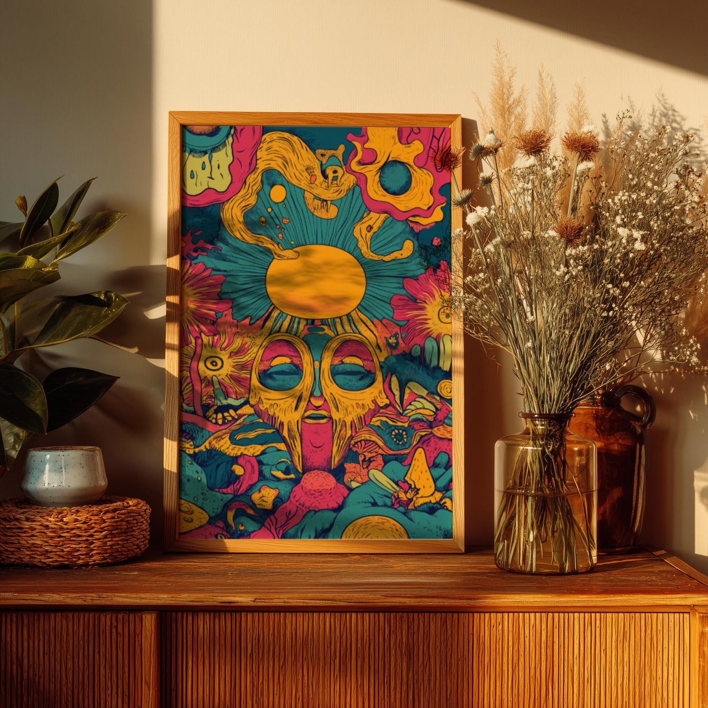 Solar Reverie Art Print – Surreal Dream Sun Poster, Vibrant Cosmic Wall Decor, Artistic Bohemian Sun Illustration for Creative Spaces