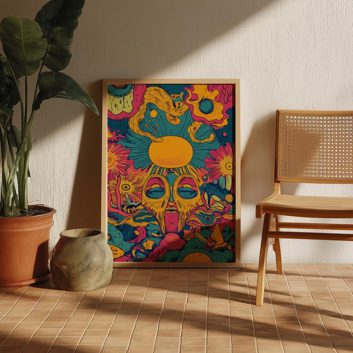 Solar Reverie Art Print – Surreal Dream Sun Poster, Vibrant Cosmic Wall Decor, Artistic Bohemian Sun Illustration for Creative Spaces