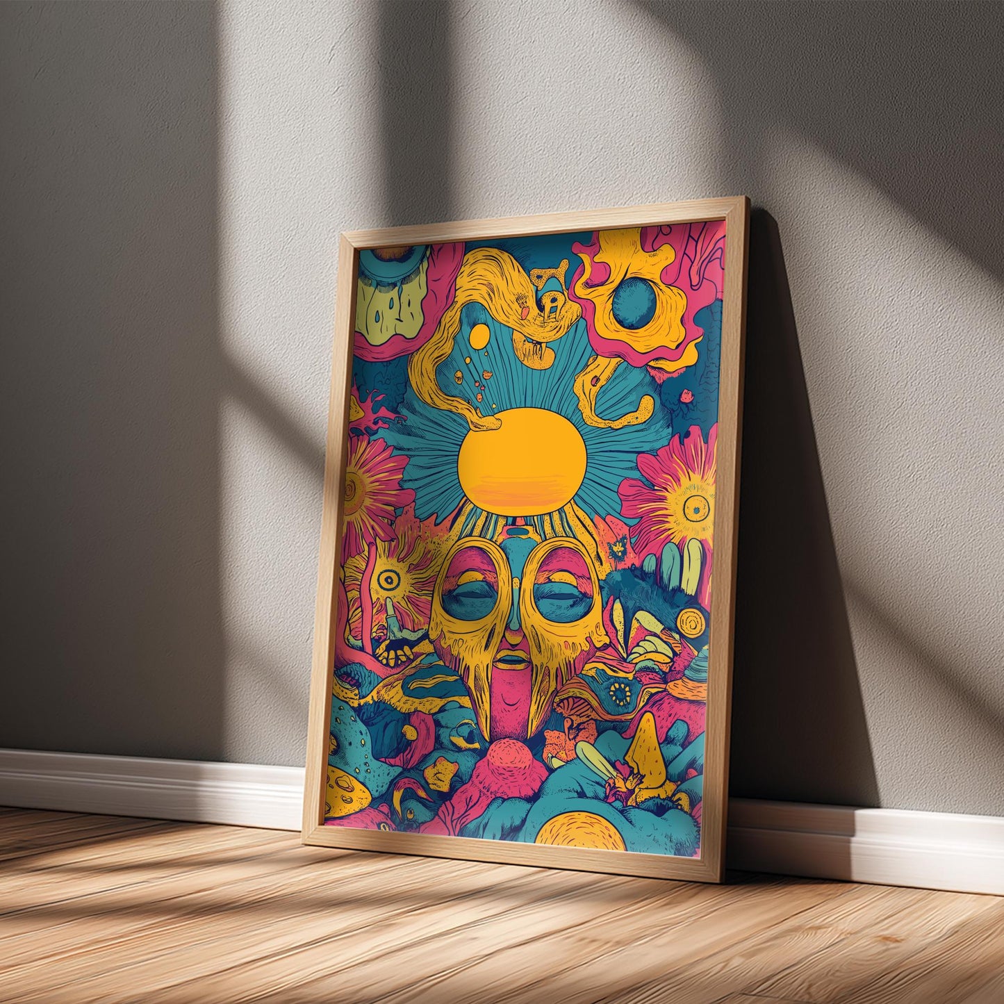 Solar Reverie Art Print – Surreal Dream Sun Poster, Vibrant Cosmic Wall Decor, Artistic Bohemian Sun Illustration for Creative Spaces