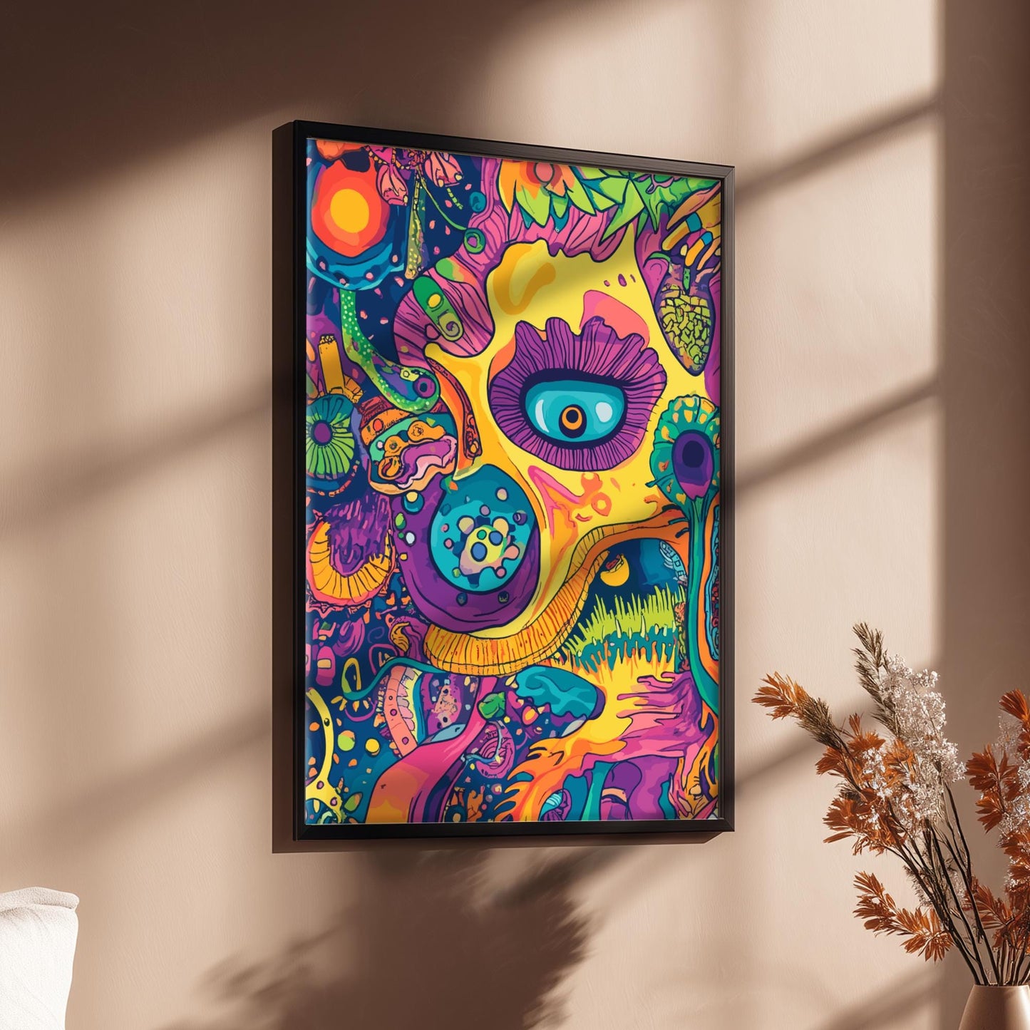 Electric Bloom Poster – Psychedelic Floral Sun Landscape, Trippy Surreal Wall Art, Colorful Cosmic Garden Decor, Retro Vibes Print
