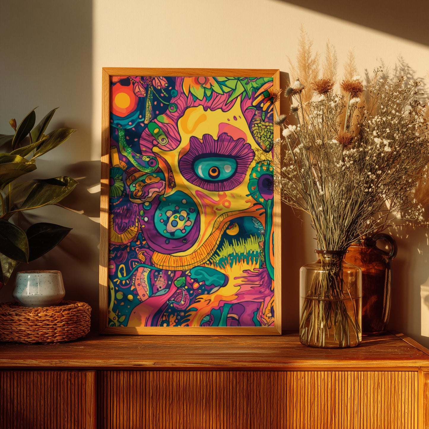 Electric Bloom Poster – Psychedelic Floral Sun Landscape, Trippy Surreal Wall Art, Colorful Cosmic Garden Decor, Retro Vibes Print