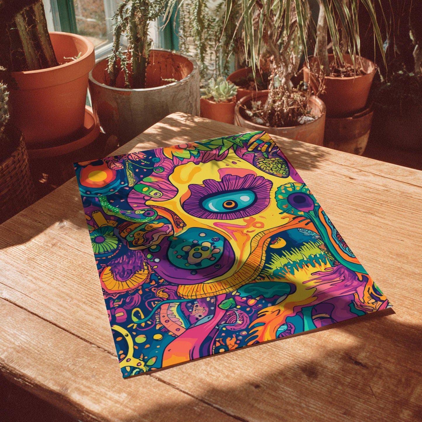 Electric Bloom Poster – Psychedelic Floral Sun Landscape, Trippy Surreal Wall Art, Colorful Cosmic Garden Decor, Retro Vibes Print