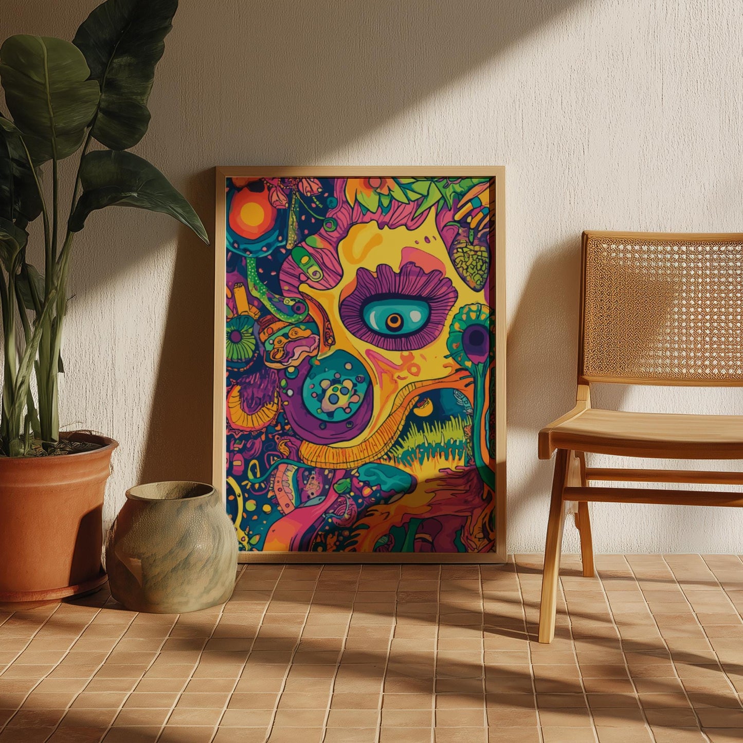 Electric Bloom Poster – Psychedelic Floral Sun Landscape, Trippy Surreal Wall Art, Colorful Cosmic Garden Decor, Retro Vibes Print