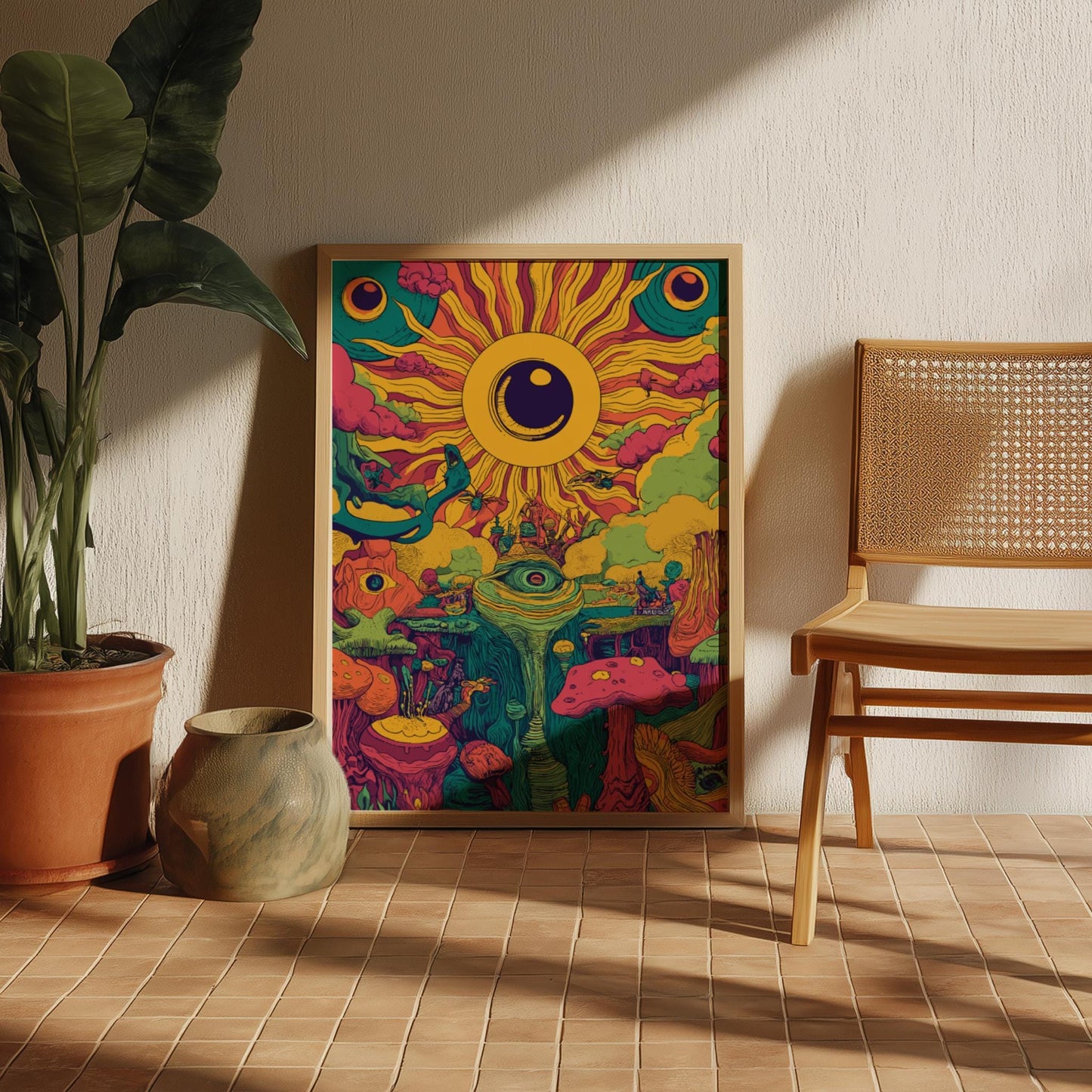 Electric Bloom Art Print – Surreal Psychedelic Garden Wall Art, Cosmic Flower Landscape Poster, Dreamy Sun and Planet Illustration