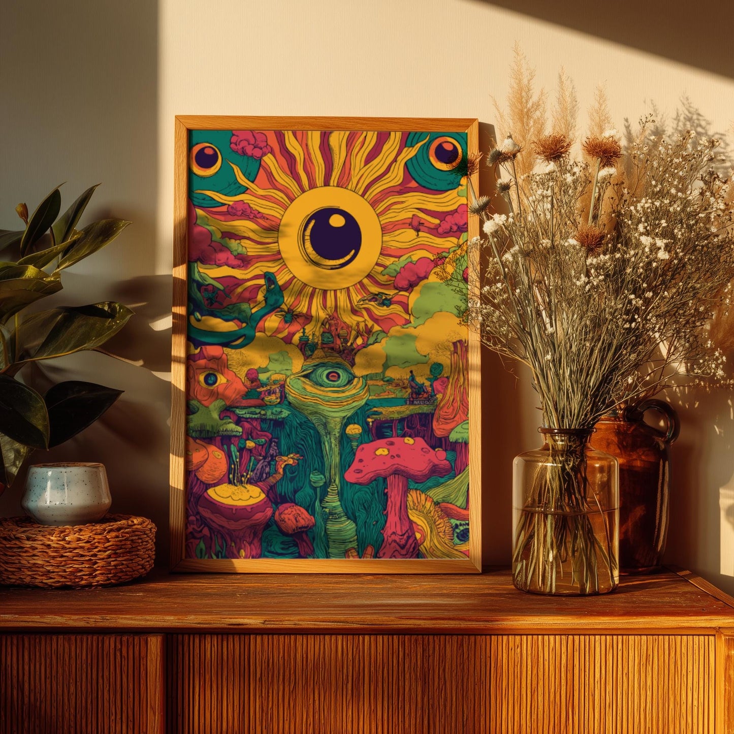 Electric Bloom Art Print – Surreal Psychedelic Garden Wall Art, Cosmic Flower Landscape Poster, Dreamy Sun and Planet Illustration