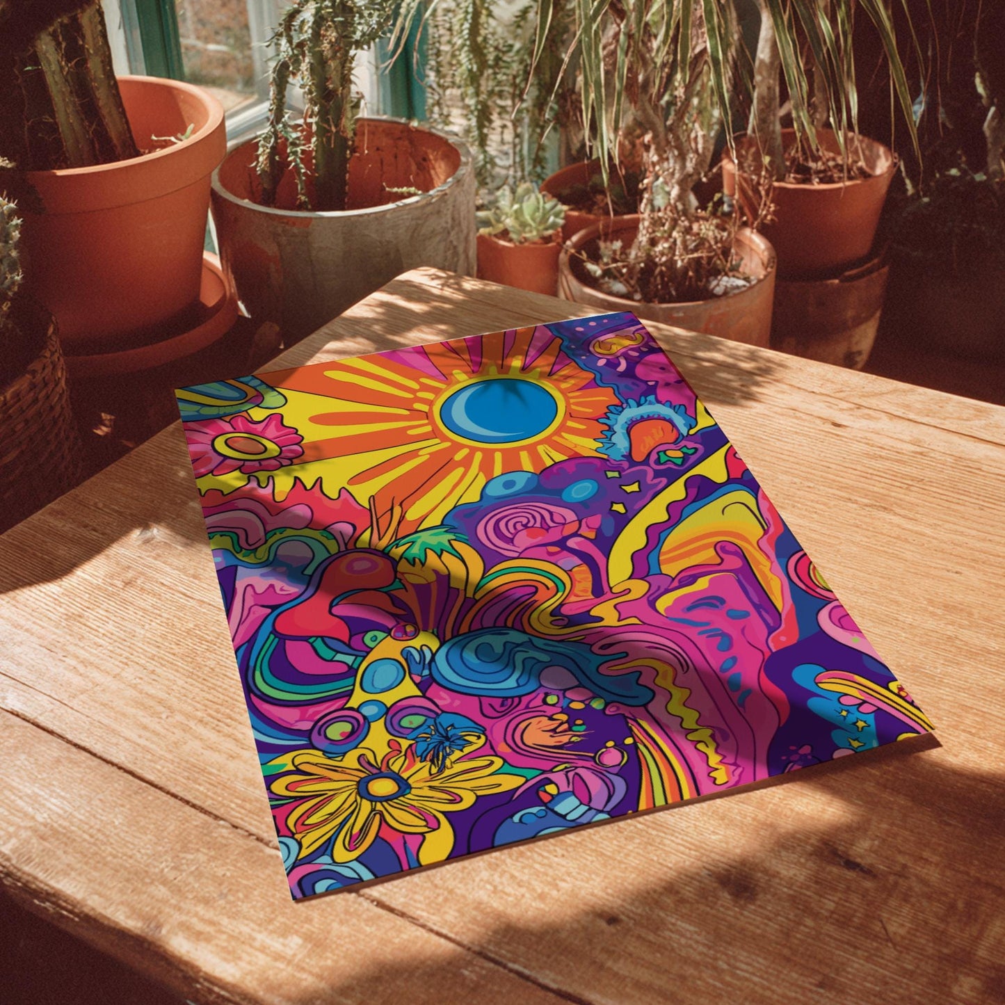 Electric Bloom Trippy Poster – Groovy Retro Sun & Flower Wall Art, Colorful Psychedelic Print, 70s Aesthetic Room Decor