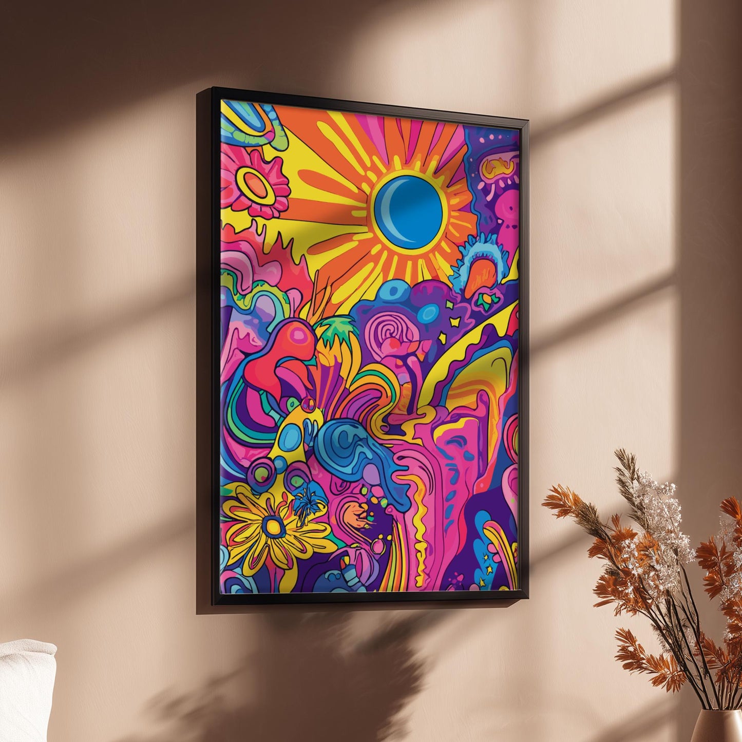 Electric Bloom Trippy Poster – Groovy Retro Sun & Flower Wall Art, Colorful Psychedelic Print, 70s Aesthetic Room Decor
