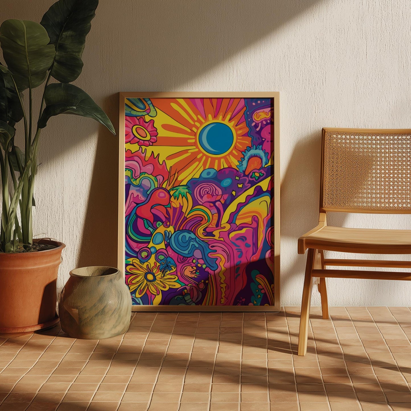 Electric Bloom Trippy Poster – Groovy Retro Sun & Flower Wall Art, Colorful Psychedelic Print, 70s Aesthetic Room Decor
