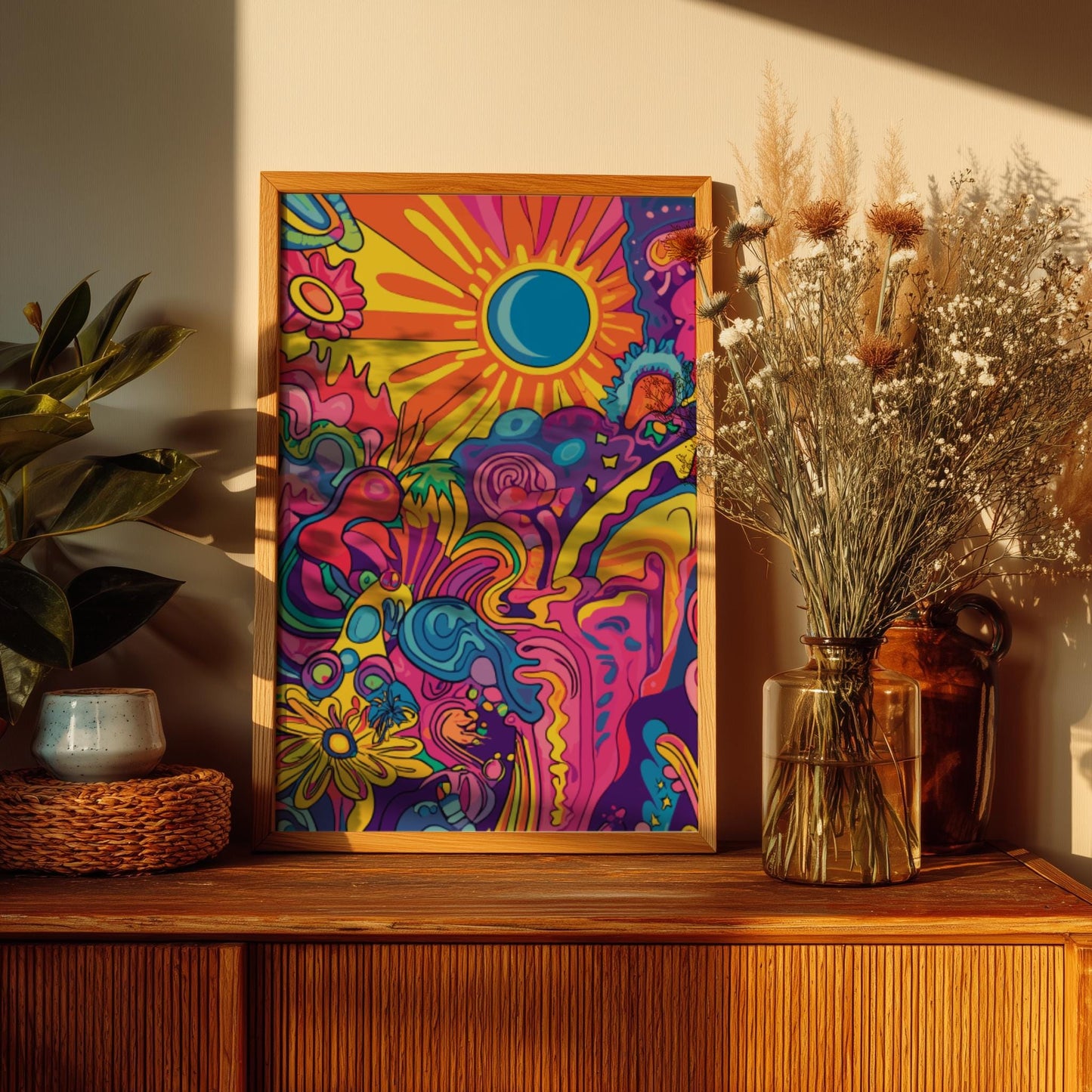 Electric Bloom Trippy Poster – Groovy Retro Sun & Flower Wall Art, Colorful Psychedelic Print, 70s Aesthetic Room Decor
