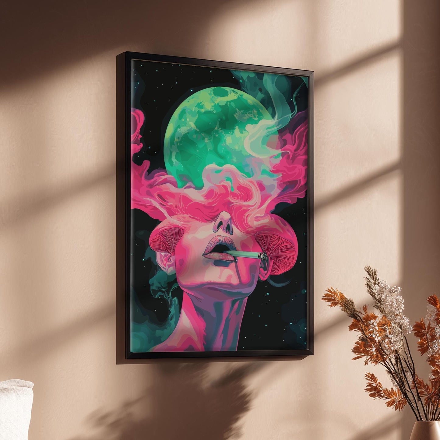 Psyche Exhale Poster – Surreal Woman with Mushrooms and Smoke, Psychedelic Dreamscape Wall Art, Cosmic Mind Expansion Print