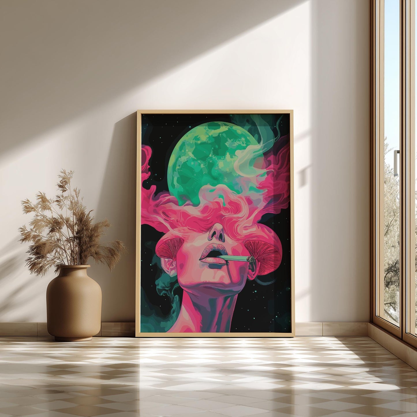 Psyche Exhale Poster – Surreal Woman with Mushrooms and Smoke, Psychedelic Dreamscape Wall Art, Cosmic Mind Expansion Print