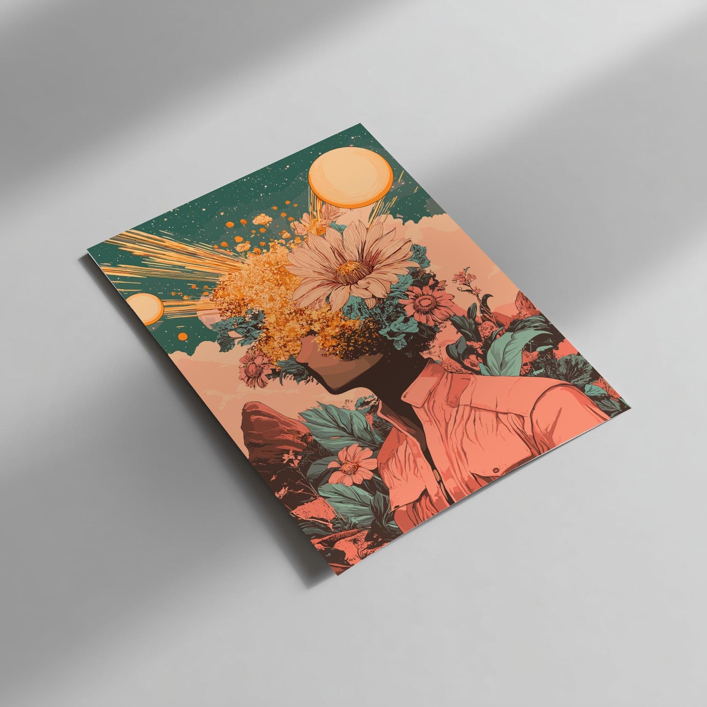 Galactic Bloom Poster – Retro-Futuristic Floral Surrealism Wall Art, Figure with Flowers Head, Twin Suns & Cosmic Pollen Print
