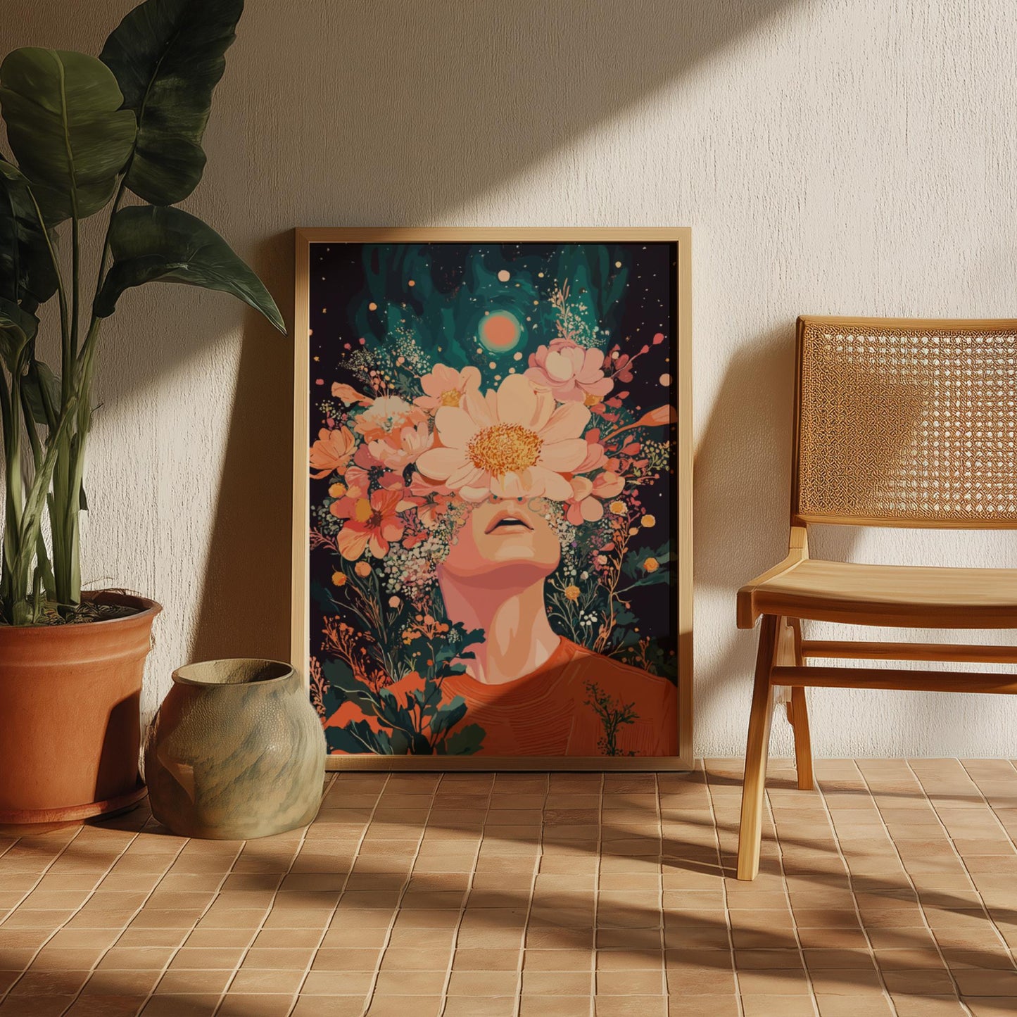 Floral Ascension Poster – Psychedelic Retro Botanical Wall Art, Surreal Figure Exhaling Golden Pollen, Twin Sun Cosmic Decor
