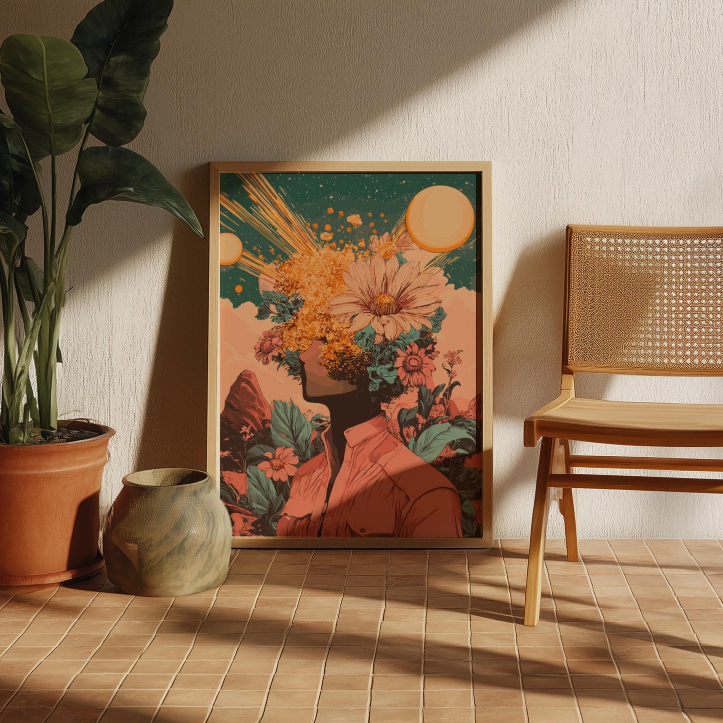 Galactic Bloom Poster – Retro-Futuristic Floral Surrealism Wall Art, Figure with Flowers Head, Twin Suns & Cosmic Pollen Print