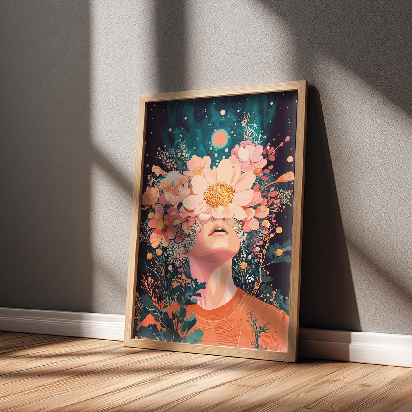 Floral Ascension Poster – Psychedelic Retro Botanical Wall Art, Surreal Figure Exhaling Golden Pollen, Twin Sun Cosmic Decor