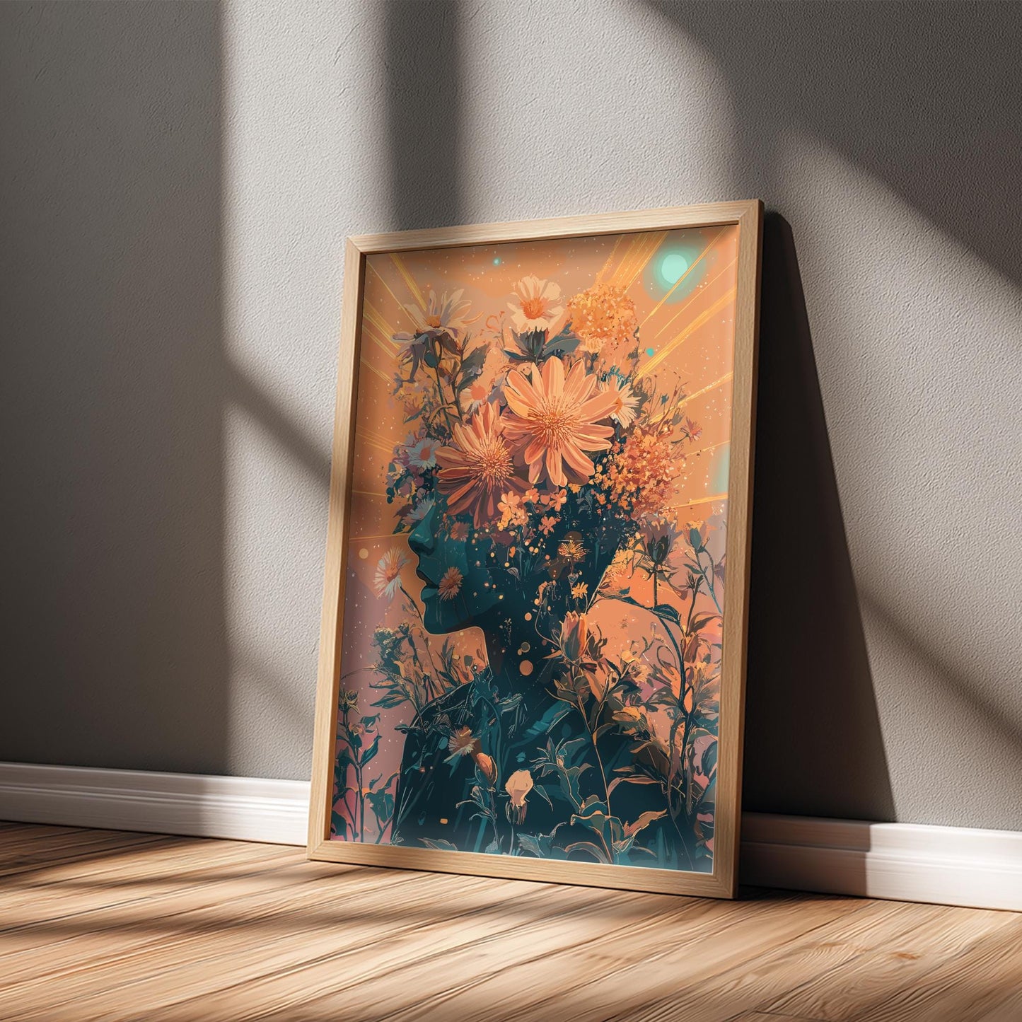 Cosmic Bloom Head Poster – Psychedelic Retro-Futuristic Wall Art, Surreal Human with Floral Head & Twin Suns, Funky Galactic Print