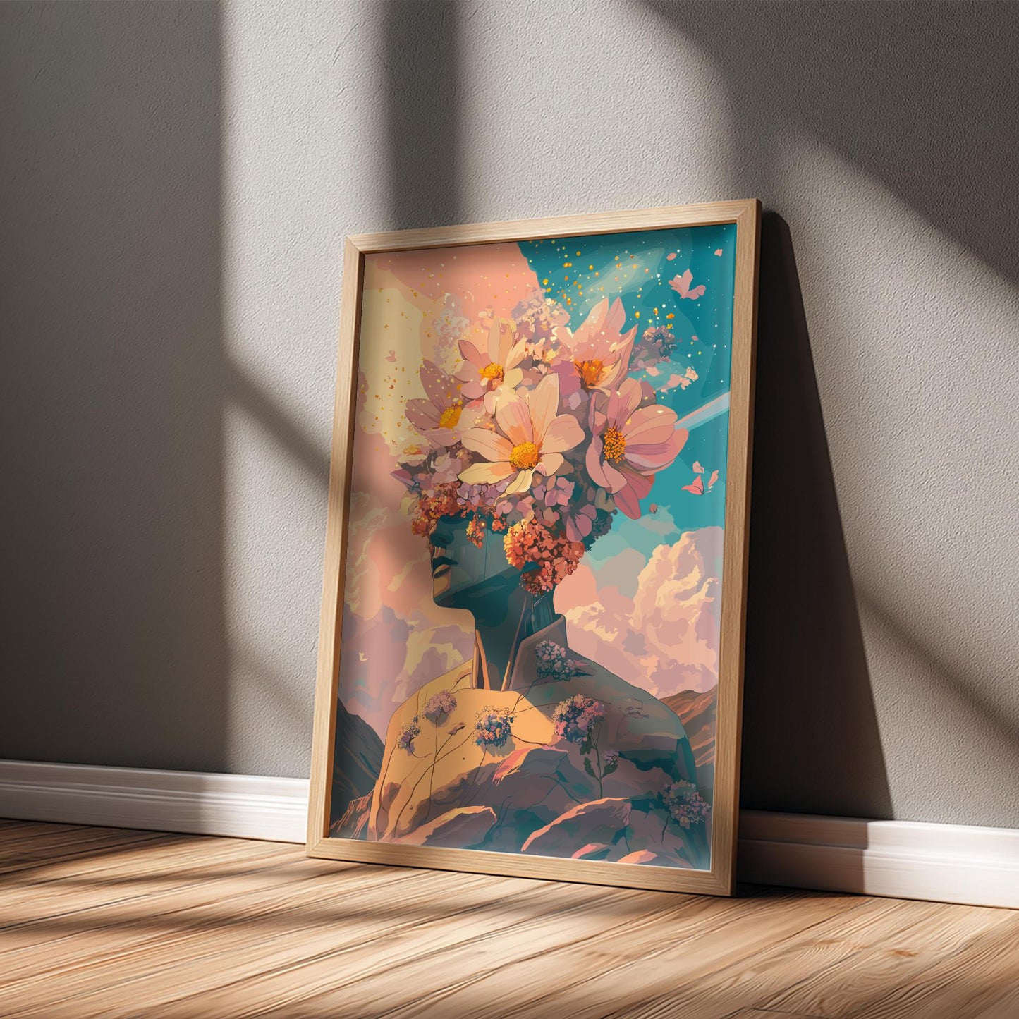 Twin Suns Botanical Poster – Retro Psychedelic Garden Wall Art, Flower-Head Figure Exhaling Golden Light, Surreal Galaxy Decor