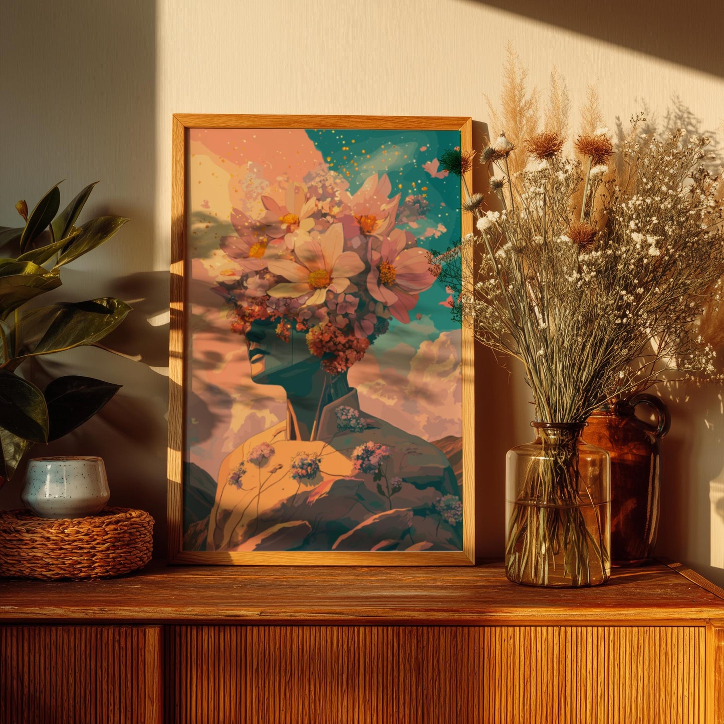Twin Suns Botanical Poster – Retro Psychedelic Garden Wall Art, Flower-Head Figure Exhaling Golden Light, Surreal Galaxy Decor