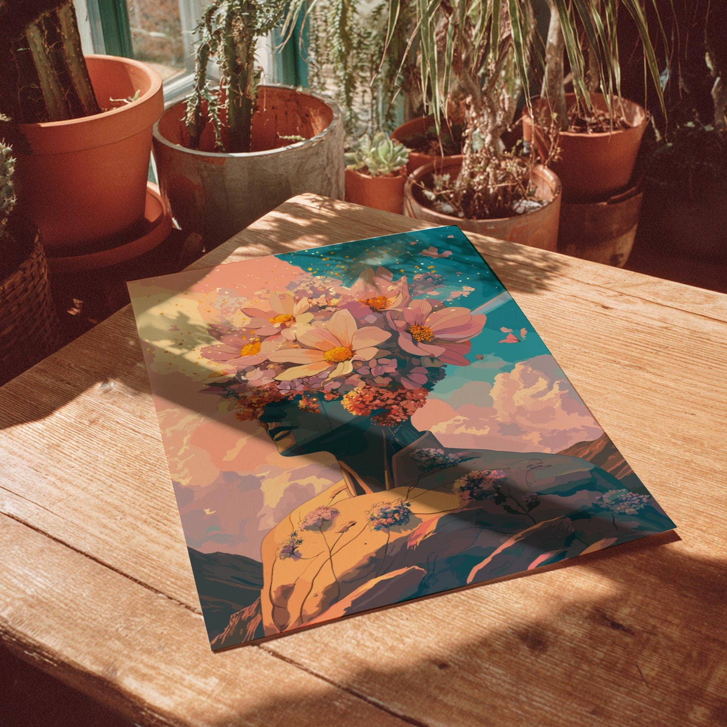 Twin Suns Botanical Poster – Retro Psychedelic Garden Wall Art, Flower-Head Figure Exhaling Golden Light, Surreal Galaxy Decor