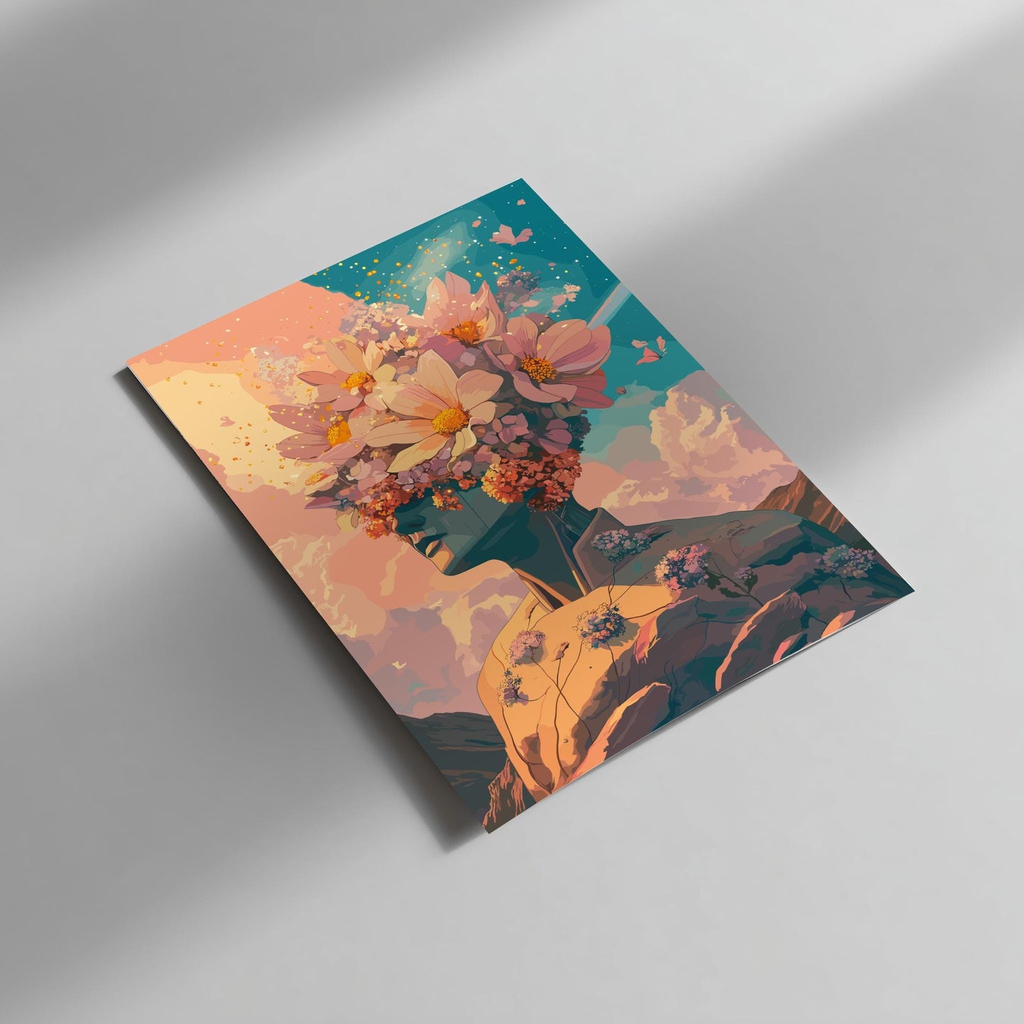 Twin Suns Botanical Poster – Retro Psychedelic Garden Wall Art, Flower-Head Figure Exhaling Golden Light, Surreal Galaxy Decor