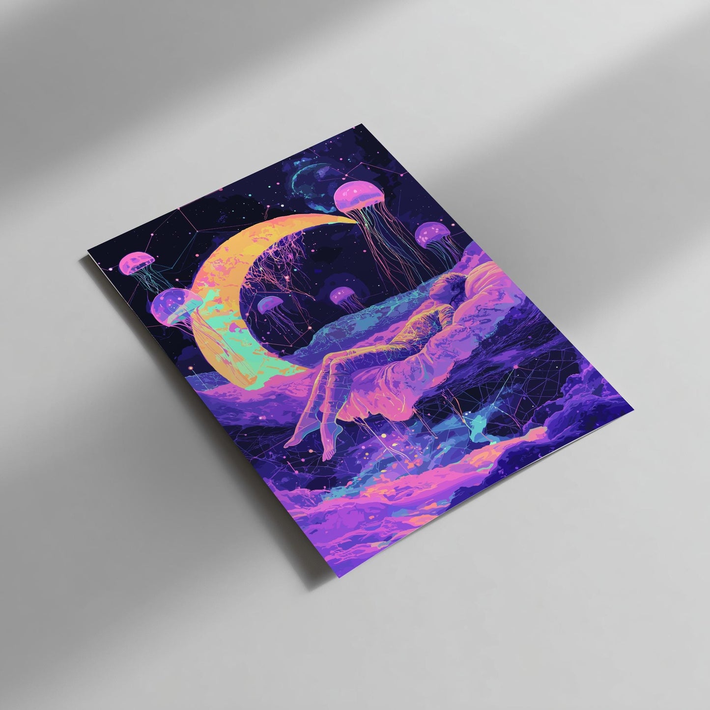 Cosmic Dreams Poster – Surreal Levitating Figure Under Crescent Moon, Geometric Dream Shapes & Floating Jellyfish Wall Art