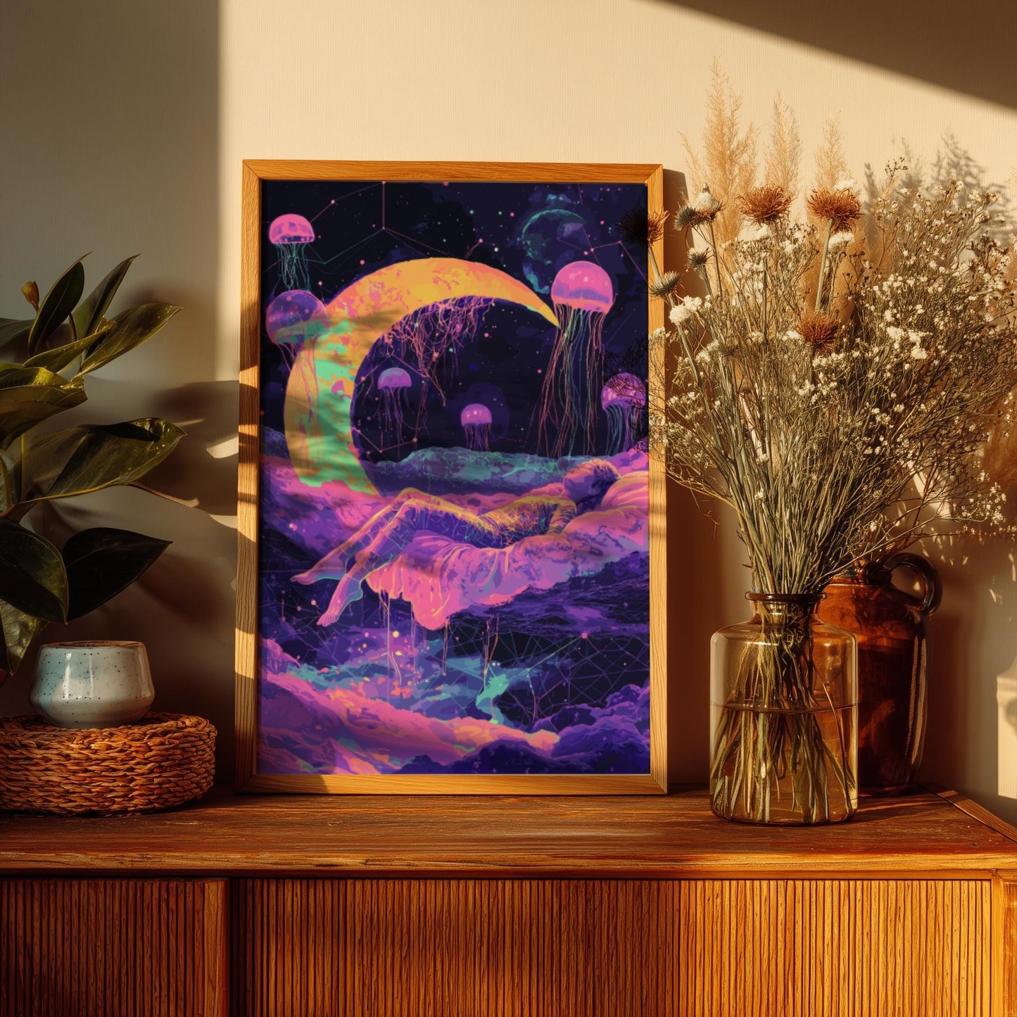 Cosmic Dreams Poster – Surreal Levitating Figure Under Crescent Moon, Geometric Dream Shapes & Floating Jellyfish Wall Art