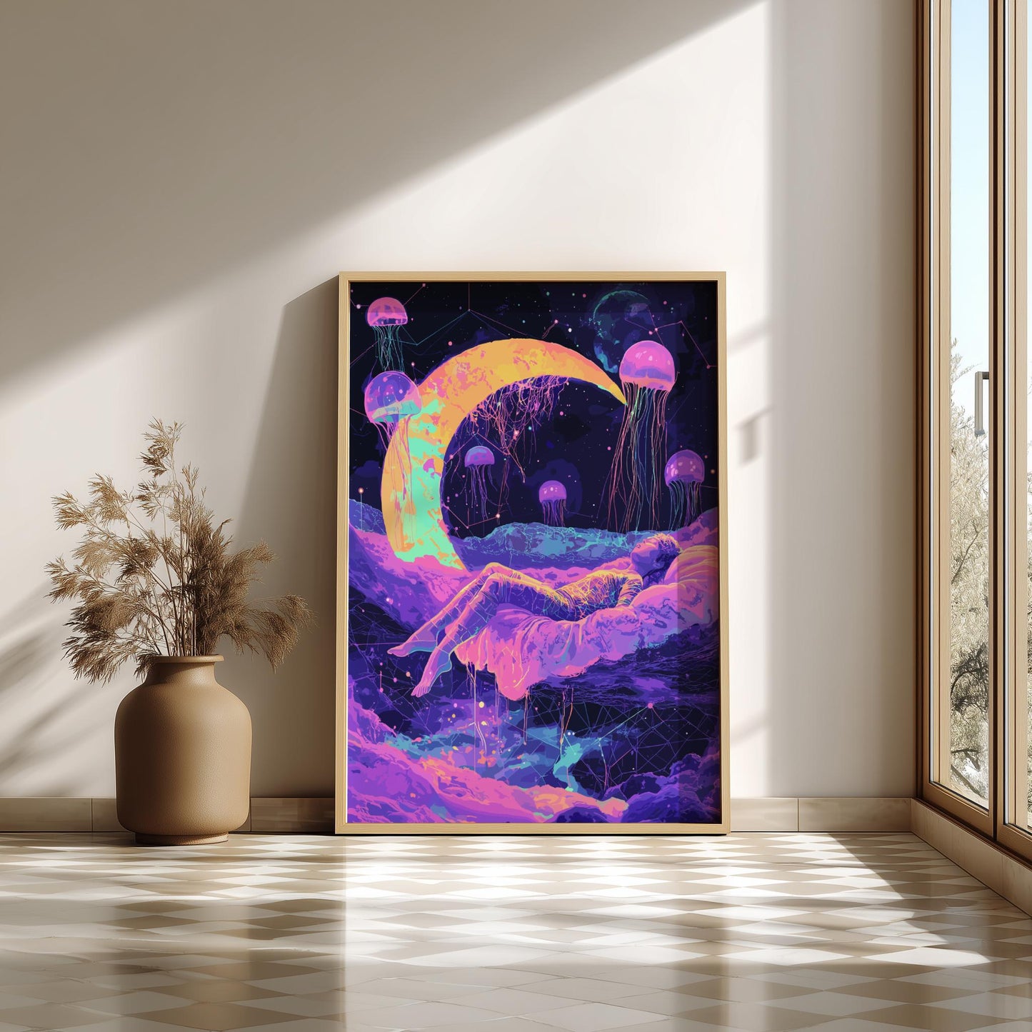 Cosmic Dreams Poster – Surreal Levitating Figure Under Crescent Moon, Geometric Dream Shapes & Floating Jellyfish Wall Art