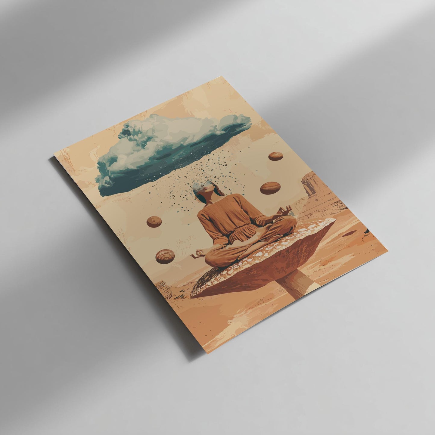 Head in the Clouds Poster – Surreal Woman on Floating Mushroom, Storm Cloud Head Raining Planets, Trippy Desert Wall Art